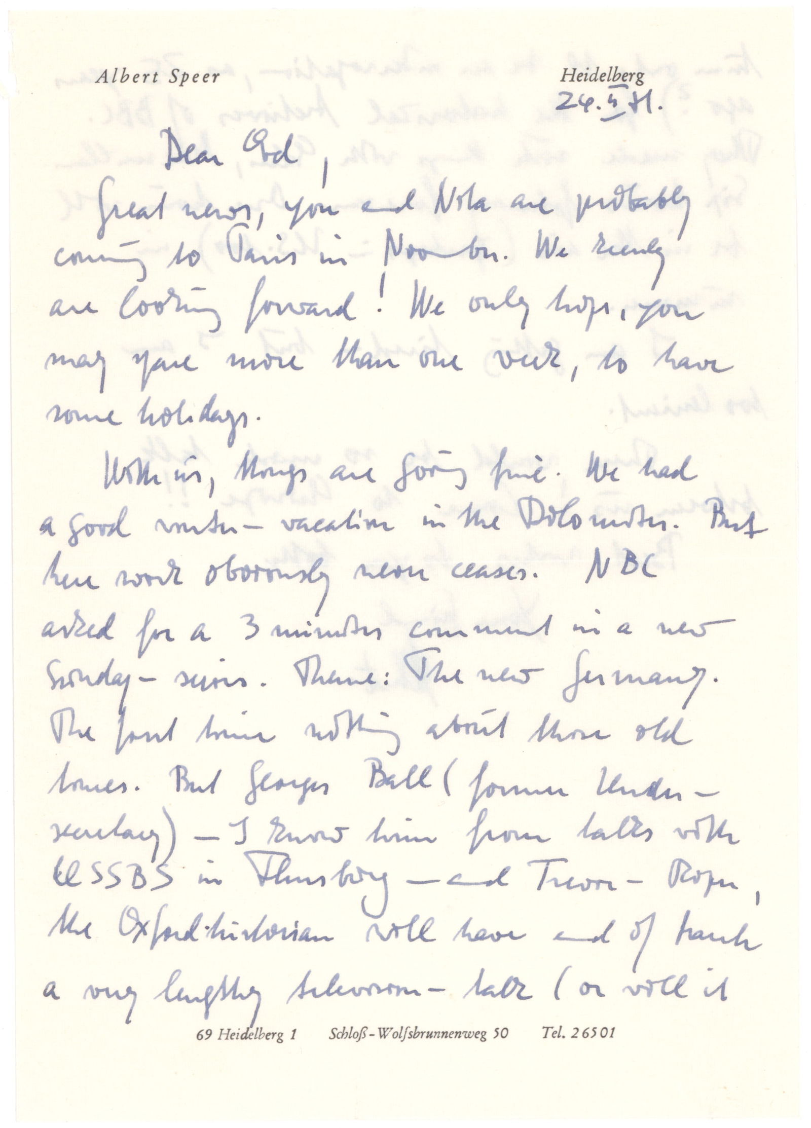 ALBERT SPEER: (1905 - 1981) Nazi German architect and Minister of Armaments and War Production, convicted of war crimes at Nuremberg. Good content A.L.S. ’Albert’ on his personal letterhead, 2pp. 8vo.,