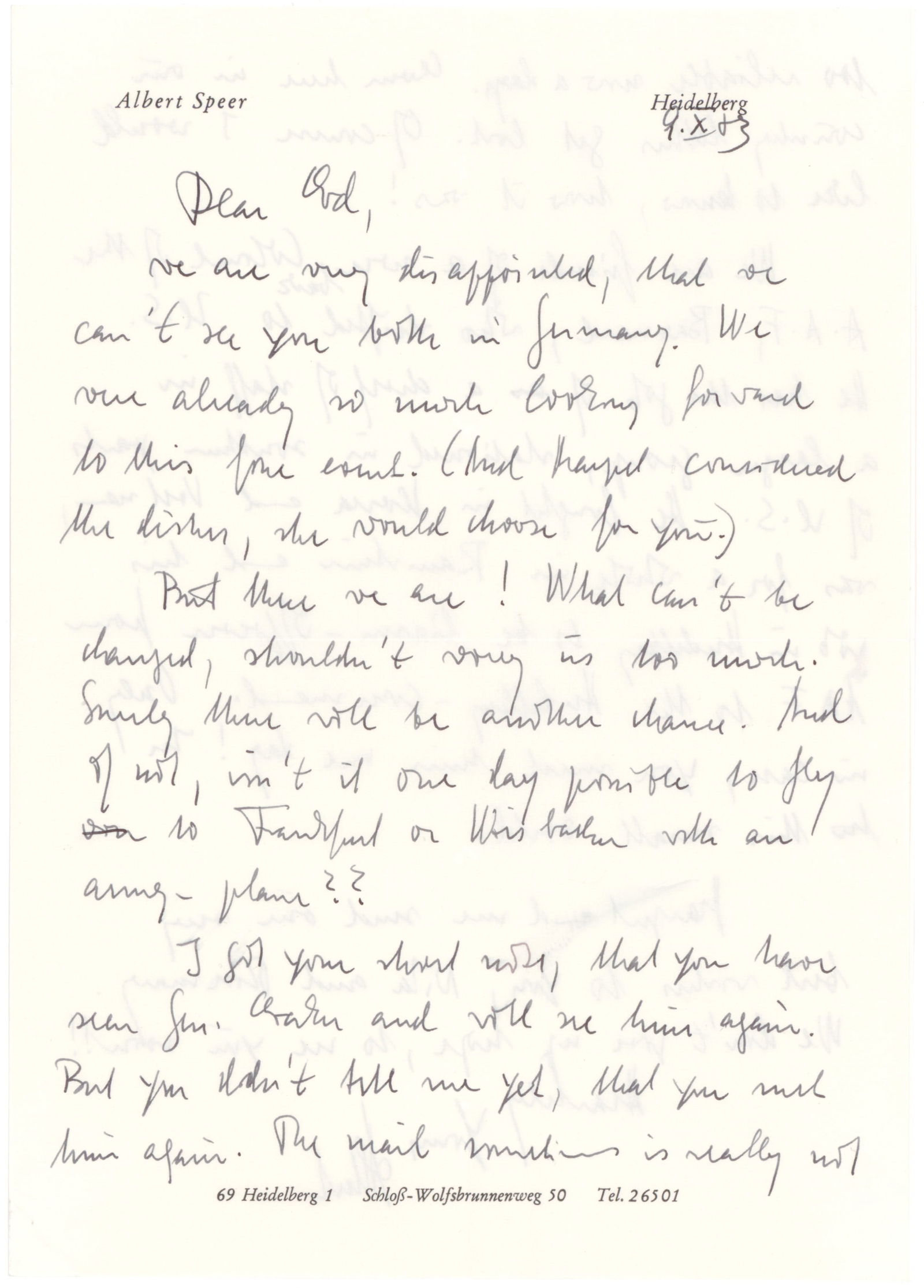 ALBERT SPEER: (1905 - 1981) Nazi German architect and Minister of Armaments and War Production, convicted of war crimes at Nuremberg. A.L.S. ’Albert’ on his personal letterhead, 2pp. 8vo., Heidelberg,