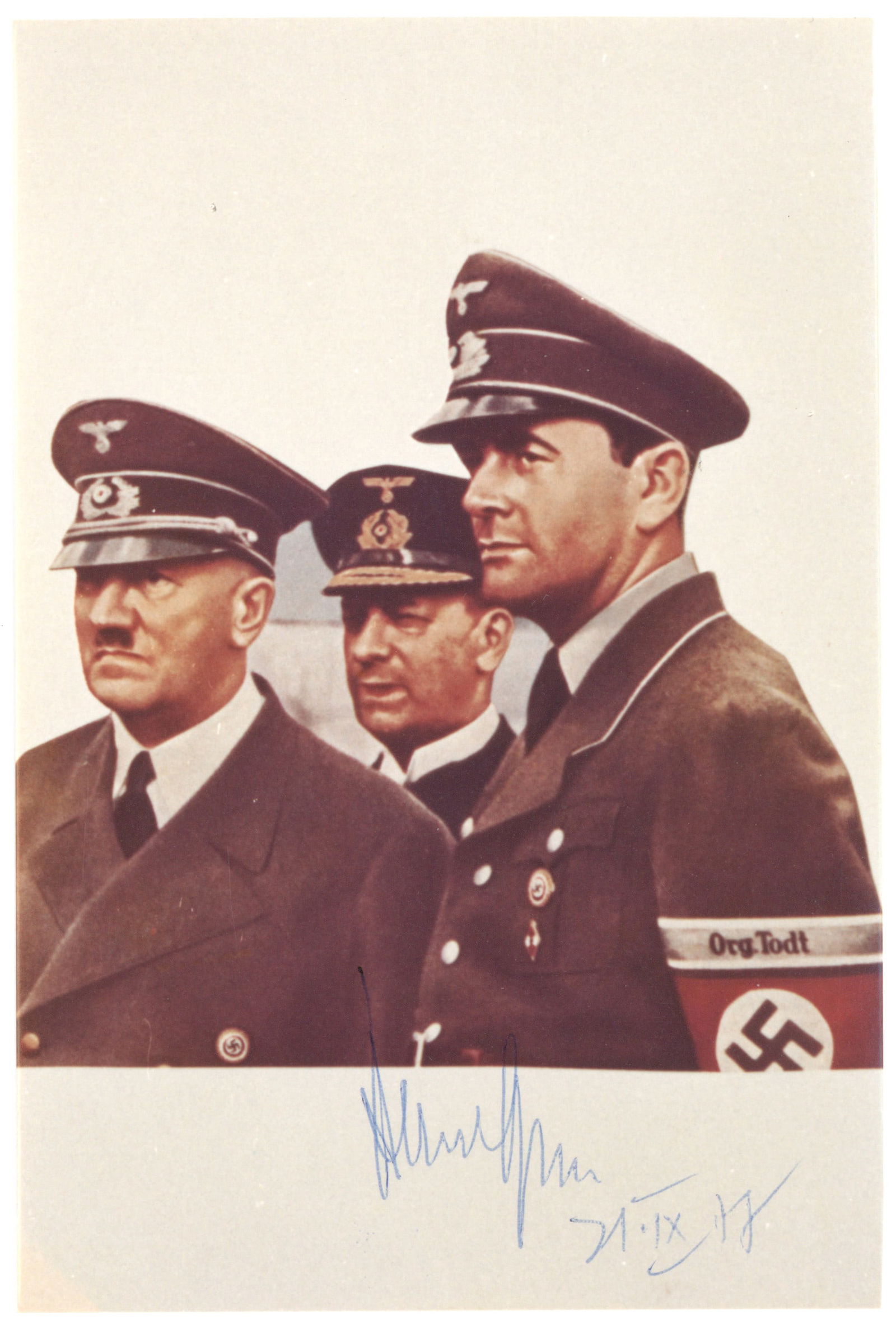 ALBERT SPEER: (1905 - 1981) Nazi German architect and Minister of Armaments and War Production, convicted of war crimes at Nuremberg. S.P., 4 x 6 in. color, a photograph of a painting showing Speer and Hitler in