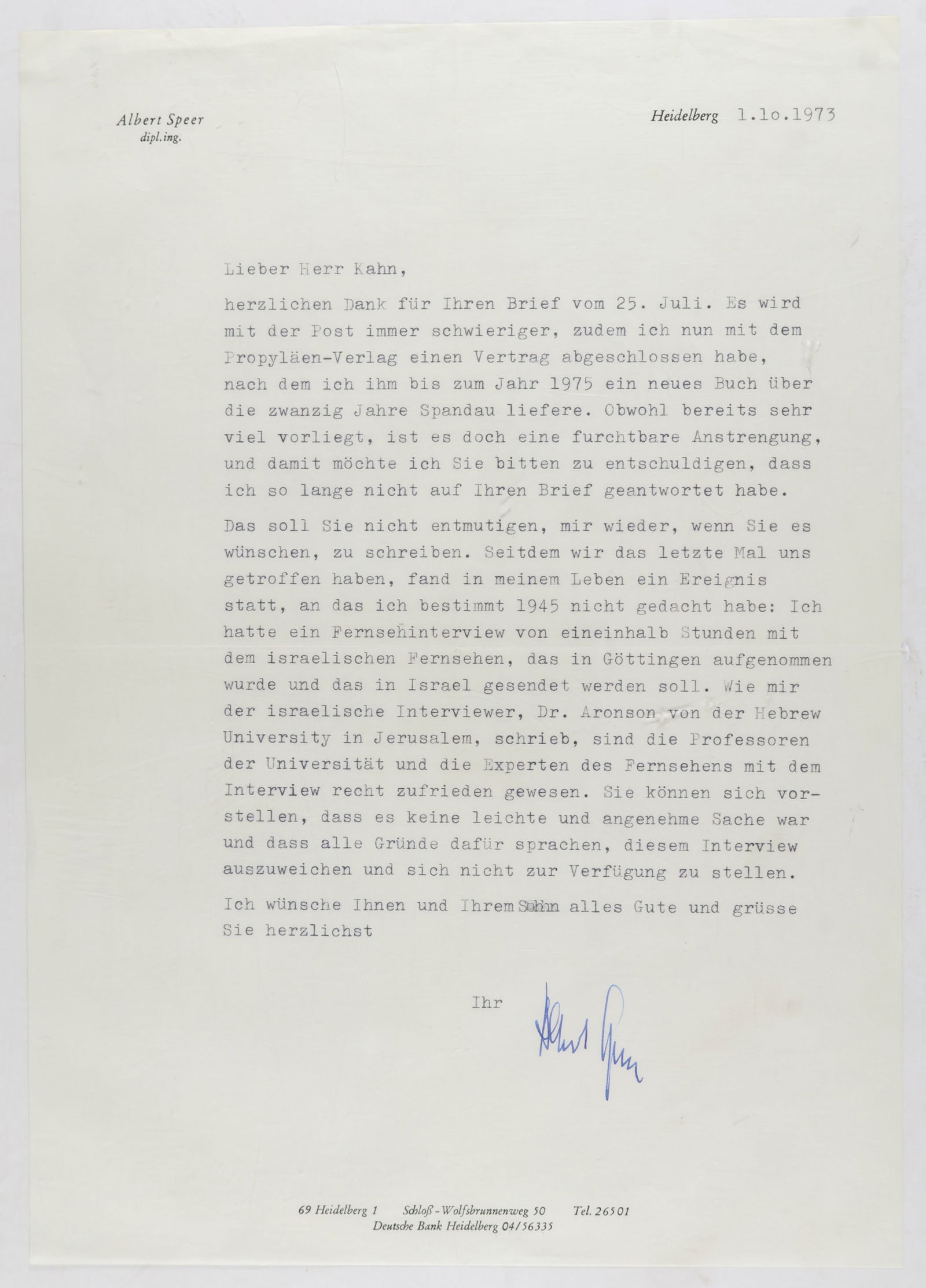 ALBERT SPEER: (1905 - 1981) Nazi German architect and Minister of Armaments and War Production, convicted of war crimes at Nuremberg. Good content T.L.S. on his personal letterhead, 1p. 4to., Heidelberg, Oct. 1,