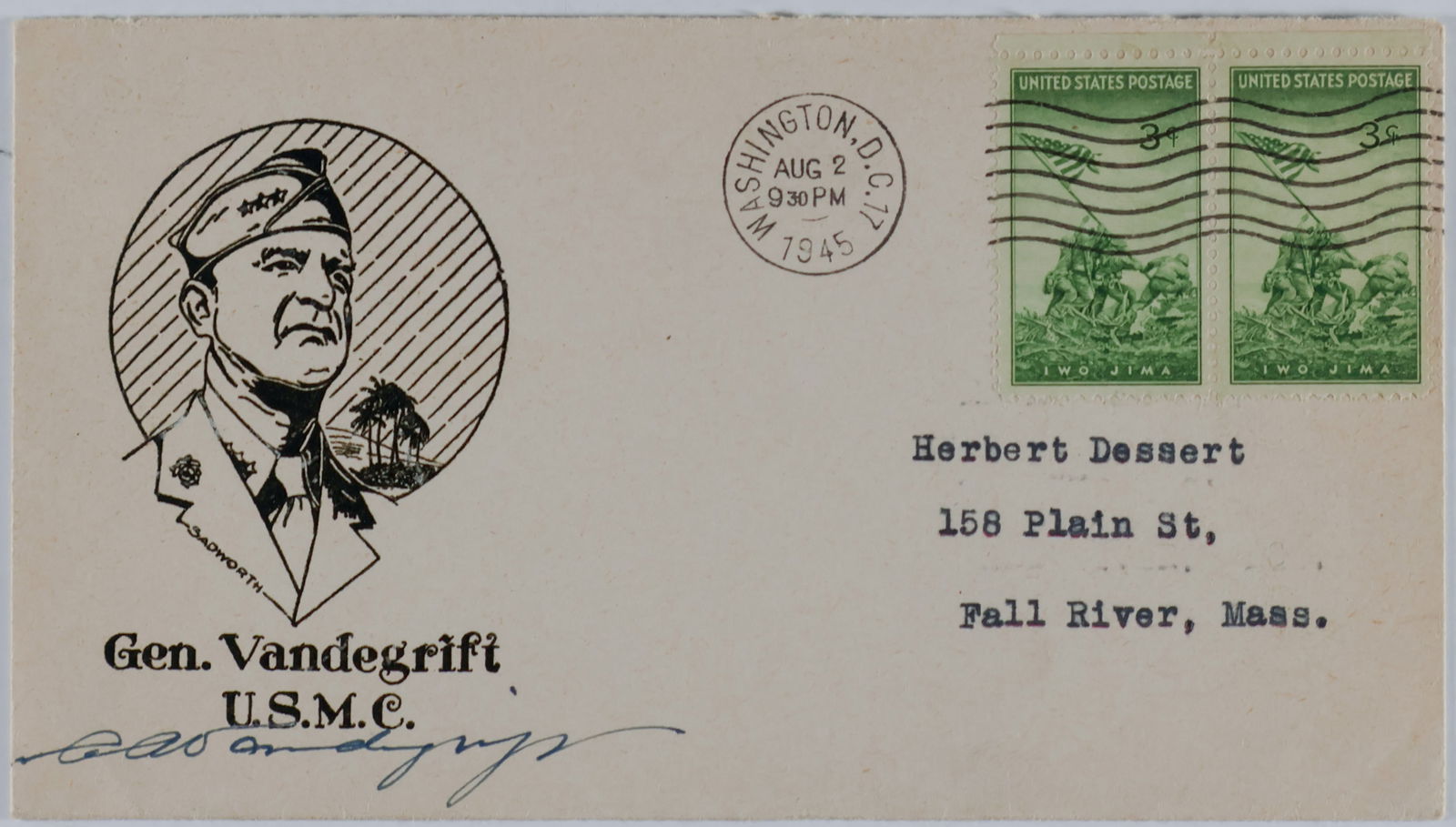 ALEXANDER VANDEGRIFT: (1887 - 1973) Marine Corps general and Commandant, led the 1st Marine Division at Guadalcanal and was awarded the Medal of Honor. Possible war-date signature under his image of a commemorative cover,