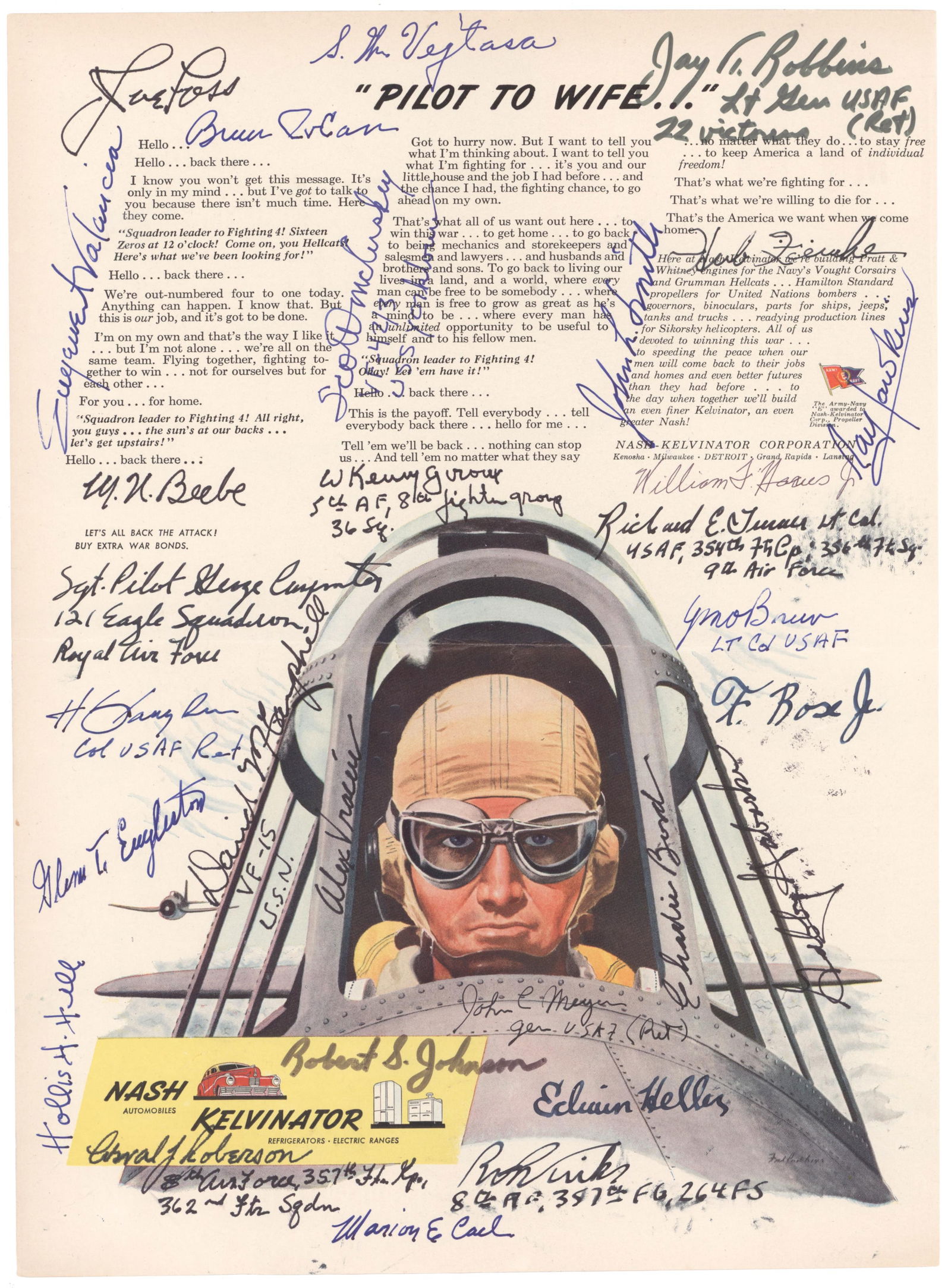 AMERICAN ACES: A vintage advertisement for war bonds printed by the Nash-Kelvinator Corporation, 10.5 in. x 14 in., signed by 29 World War II aces: HERBERT ZEMKE, MARION E. CARL, BRUCE W. CARR, GLENN T. EAGLESTON,