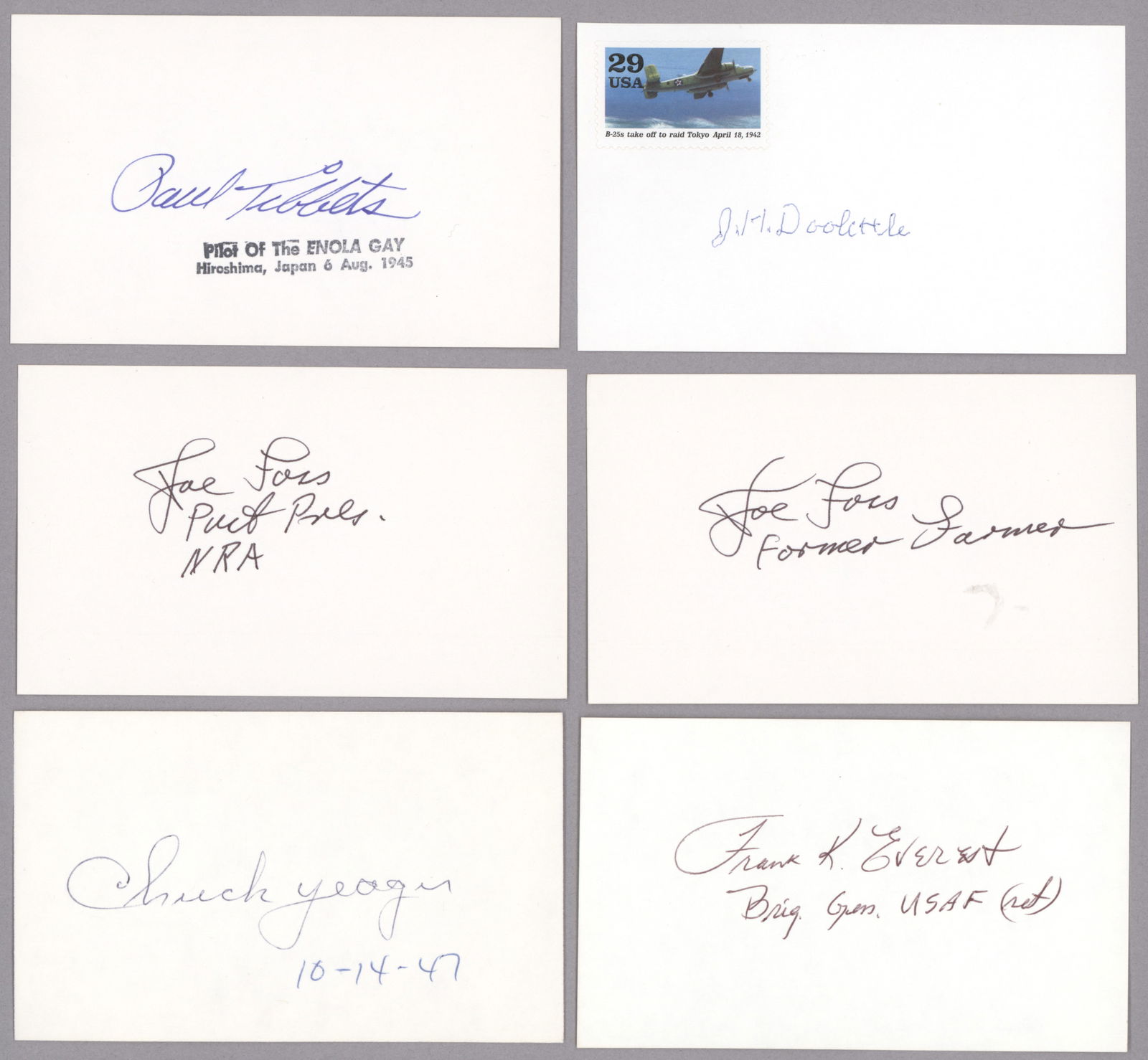 AMERICAN MILITARY HEROES (16): A group of 16 items signed by notable military figures, in various formats. Includes: signed cards by JAMES H. DOOLITTLE, PAUL TIBBETS, HERSCHEL WILLIAMS, GABBY GABRESKI, FRANK EVEREST, JOE FOSS (2),