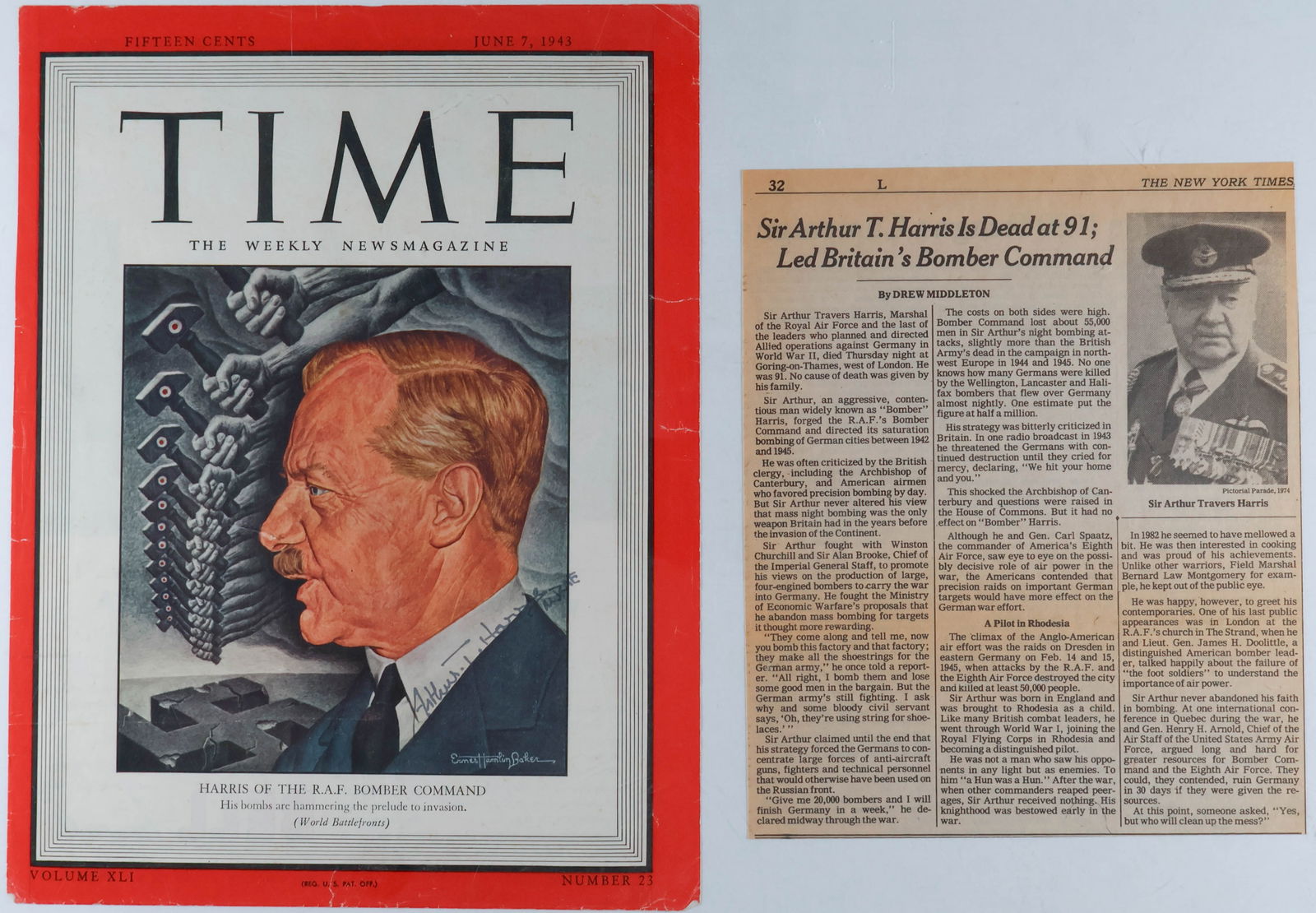 ARTHUR T. HARRIS: (1892 - 1984) 'Bomber Harris', British Air Marshall and head of the RAF Bomber Command in which capacity he oversaw the first 1,000-bomber raid. Possible war-date signature on the cover (only) of an