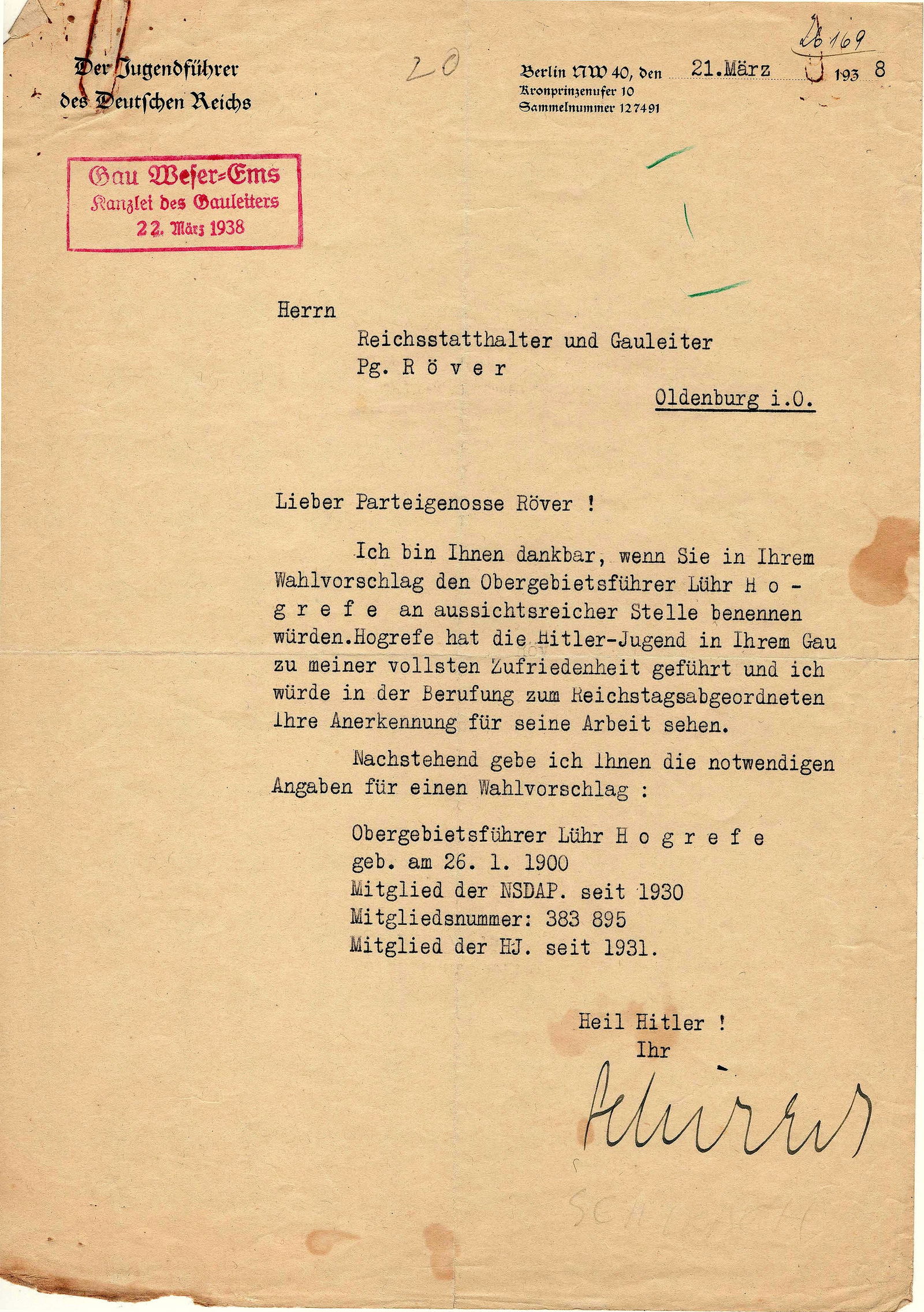 BALDUR VON SCHIRACH: (1907 - 1974) Nazi leader of the Hitler Youth and Gauleiter of Vienna, sentenced at Nuremburg to twenty years for war crimes. T.L.S. on his official 'Jugendfuhrer' letterhead, 1p. 4to., Berlin, Mar. 2