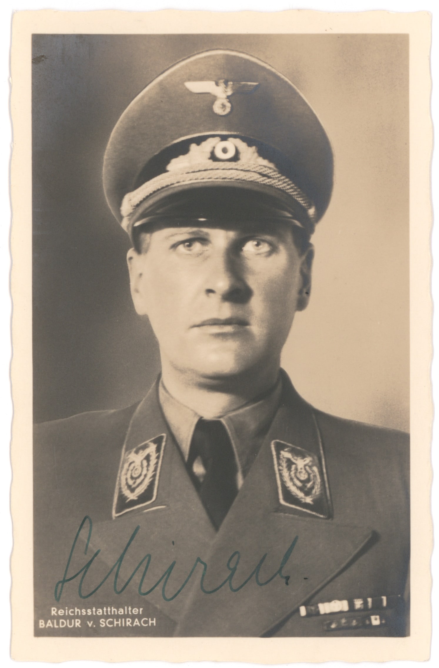 BALDUR VON SCHIRACH: (1907 - 1974) Nazi leader of the Hitler Youth and Gauleiter of Vienna, sentenced at Nuremburg to twenty years for war crimes. Probable war-date S.P., 3.5 x 5.5 in. b/w, a chest-up Hoffmann portrait