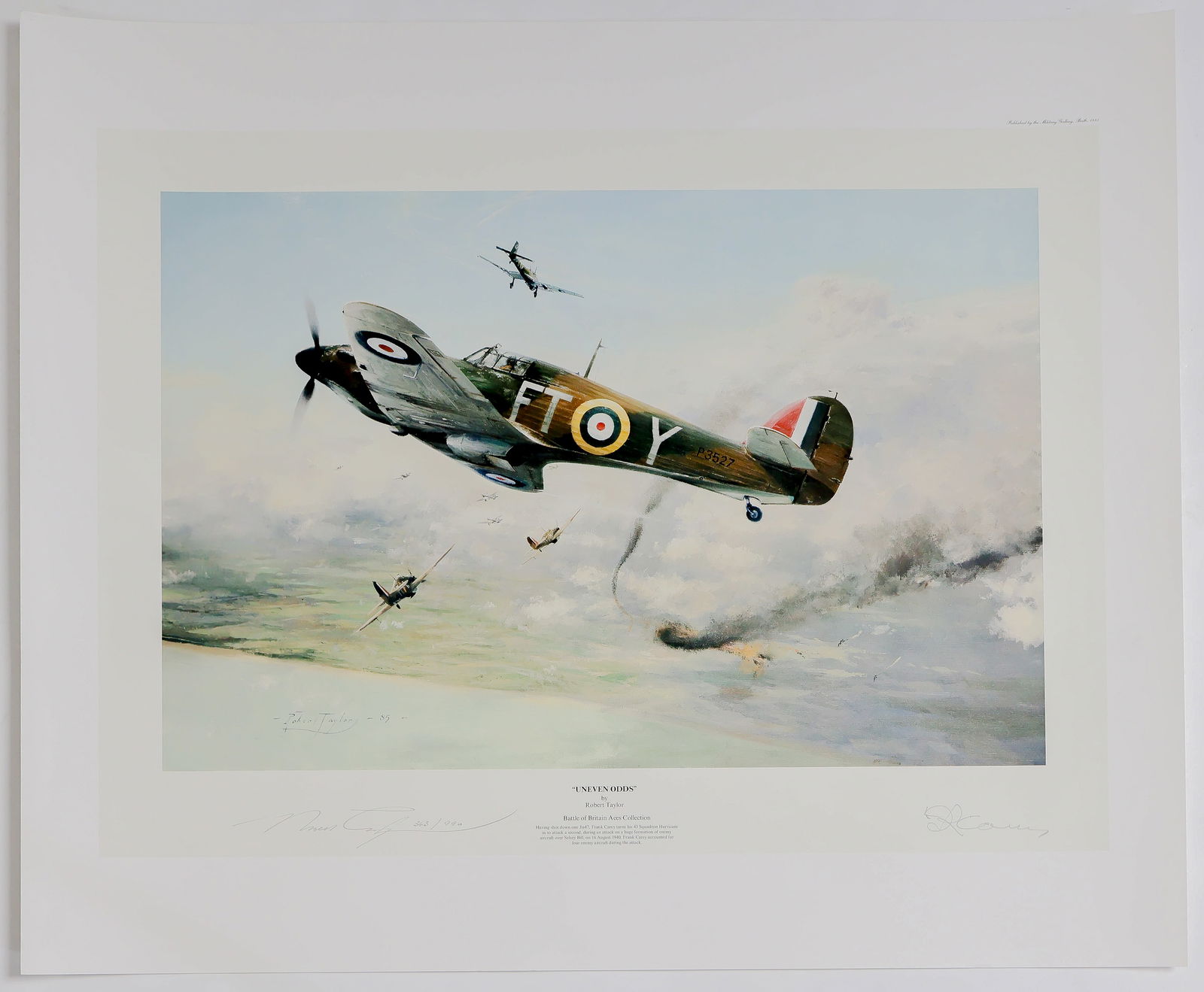 (BATTLE OF BRITAIN): A handsome limited edition print of a painting by Robert Taylor titled 'Uneven Odds', 24 x 20 in., signed by him and numbered 343/990. Signed in pencil by FRANK R. CAREY (1912-2004), who achieved