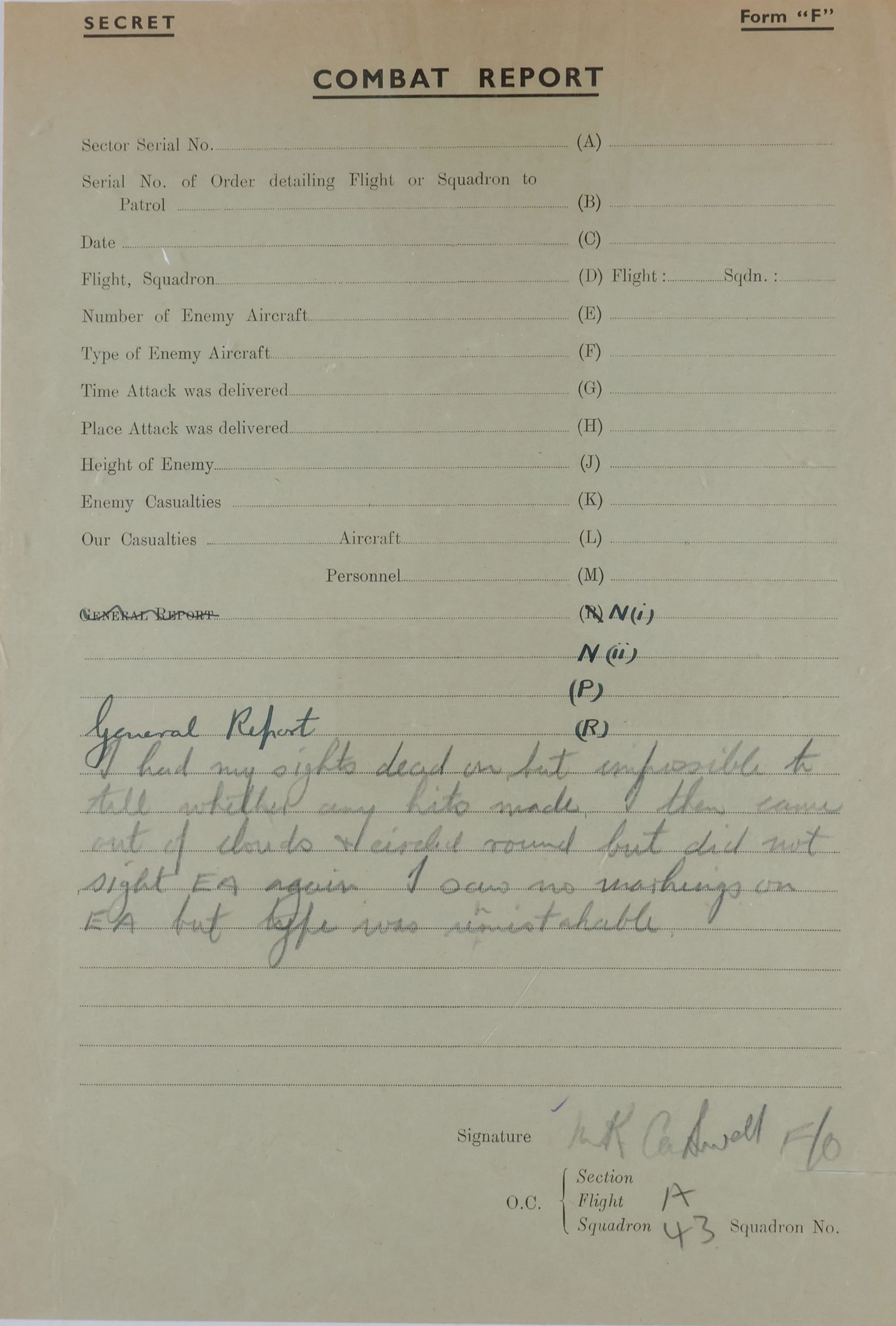 (BATTLE OF BRITAIN): MALCOLM K. CARSWELL (1915-2003) New Zealand fighter pilot of World War II, awarded the 1939-1945 Star and War Medals. Partly-printed D.S. 1p. legal folio, [RAF Acklington, Northumberland?], [n.d. but