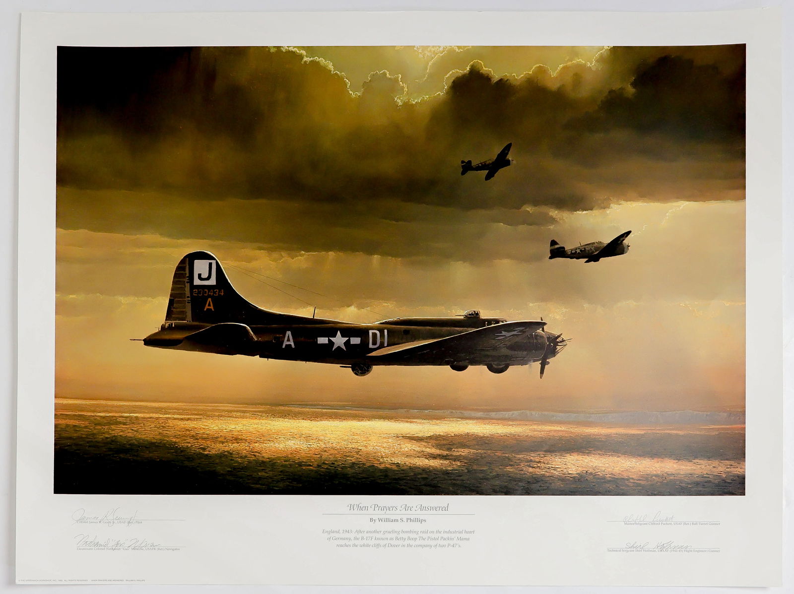 'BETTY BOOP, THE PISTOL PACKIN' MAMA': Signed print, 'When Prayers are Answered' painted by Bill Phillips, 33 x 23.5 in. showing the famed B-17H (390th Bomb Group, 570th Bomb Squadron) in one of her brutal missions over Germany, with the