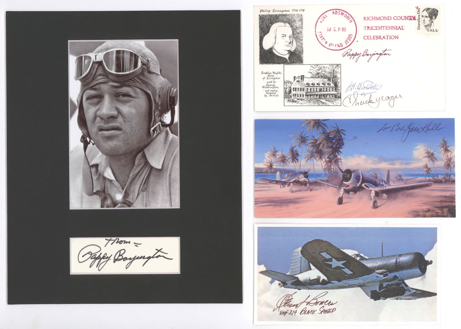BLACK SHEEP SQUADRON: Lot of nine items signed by members of Marine VMF-214, the 'Black Sheep Squadron', and others, including: 1983 commemorative postal cover signed by GREGORY 'PAPPY' BOYINGTON, also signed by JAMES H.