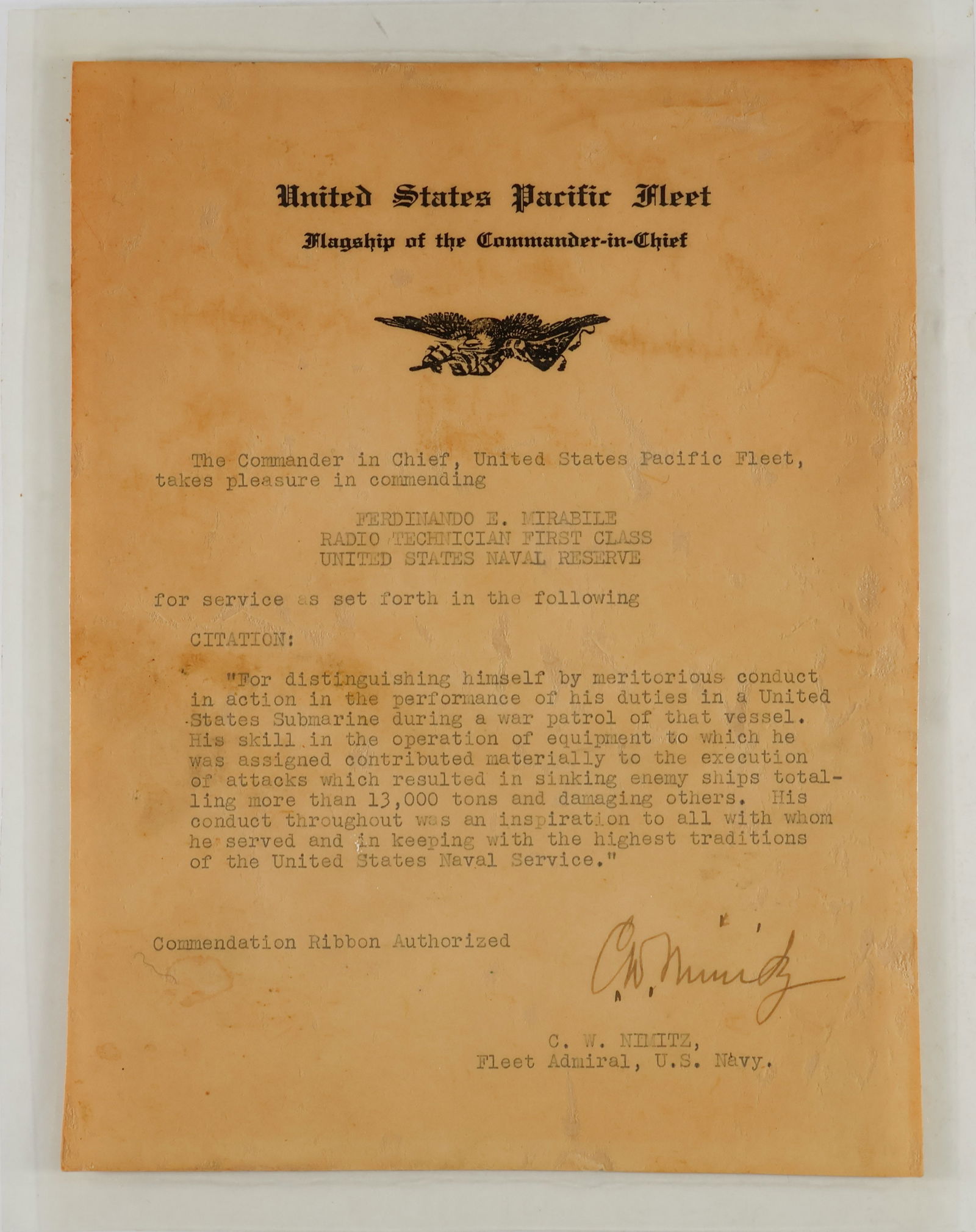 CHESTER W. NIMITZ: (1885 - 1966) American admiral, Commander in Chief of the U.S. Pacific Fleet during World War II and largely responsible for the successful 'island-hopping' campaign against the Japanese.
