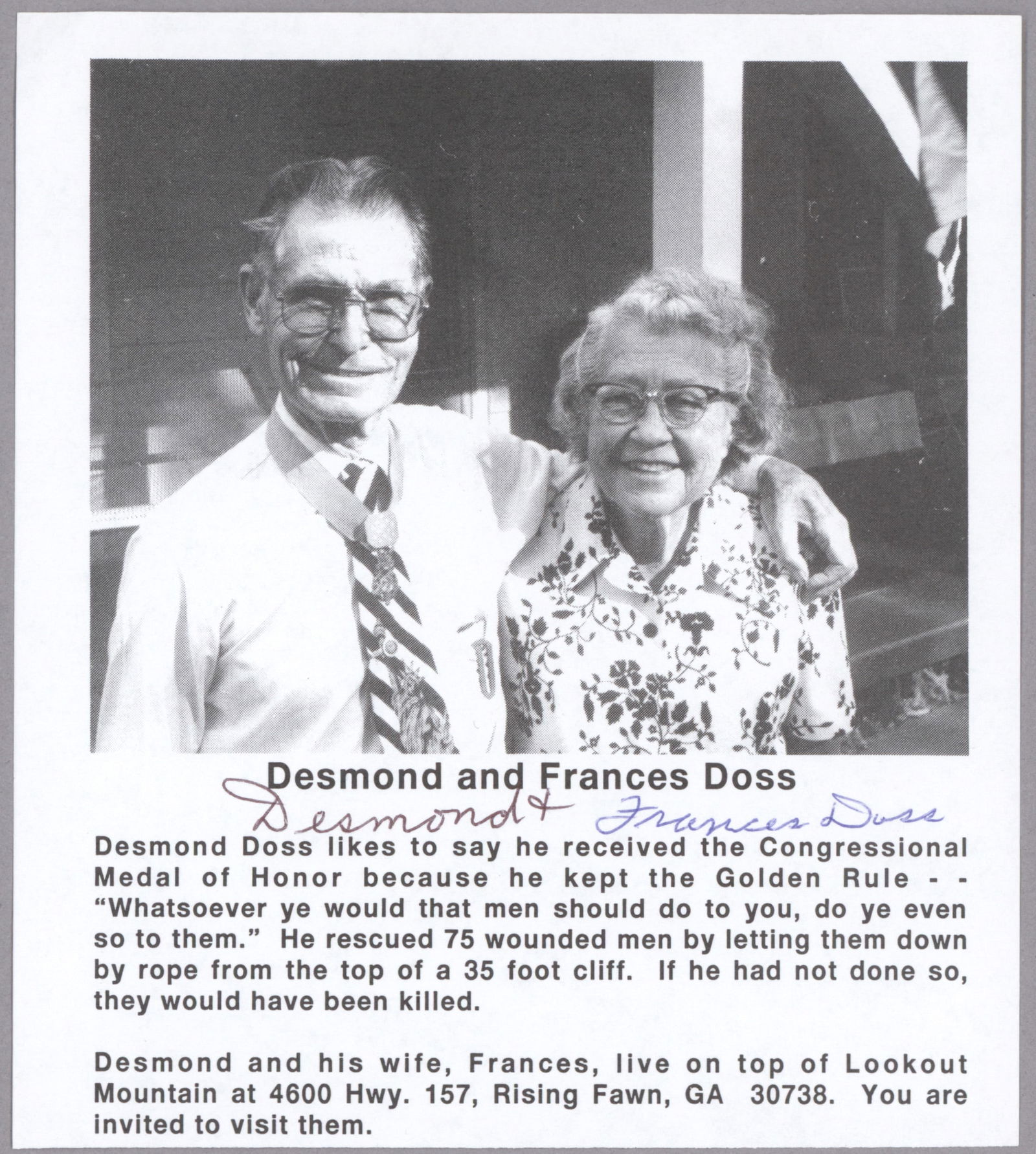 DESMOND DOSS: (1919 - 2006) U.S Army Corporal and combat medic, famous as the only conscientious objector to ever receive a Medal of Honor. Doss's actions inspired the Oscar winning 2016 movie 'Hacksaw Ridge.'