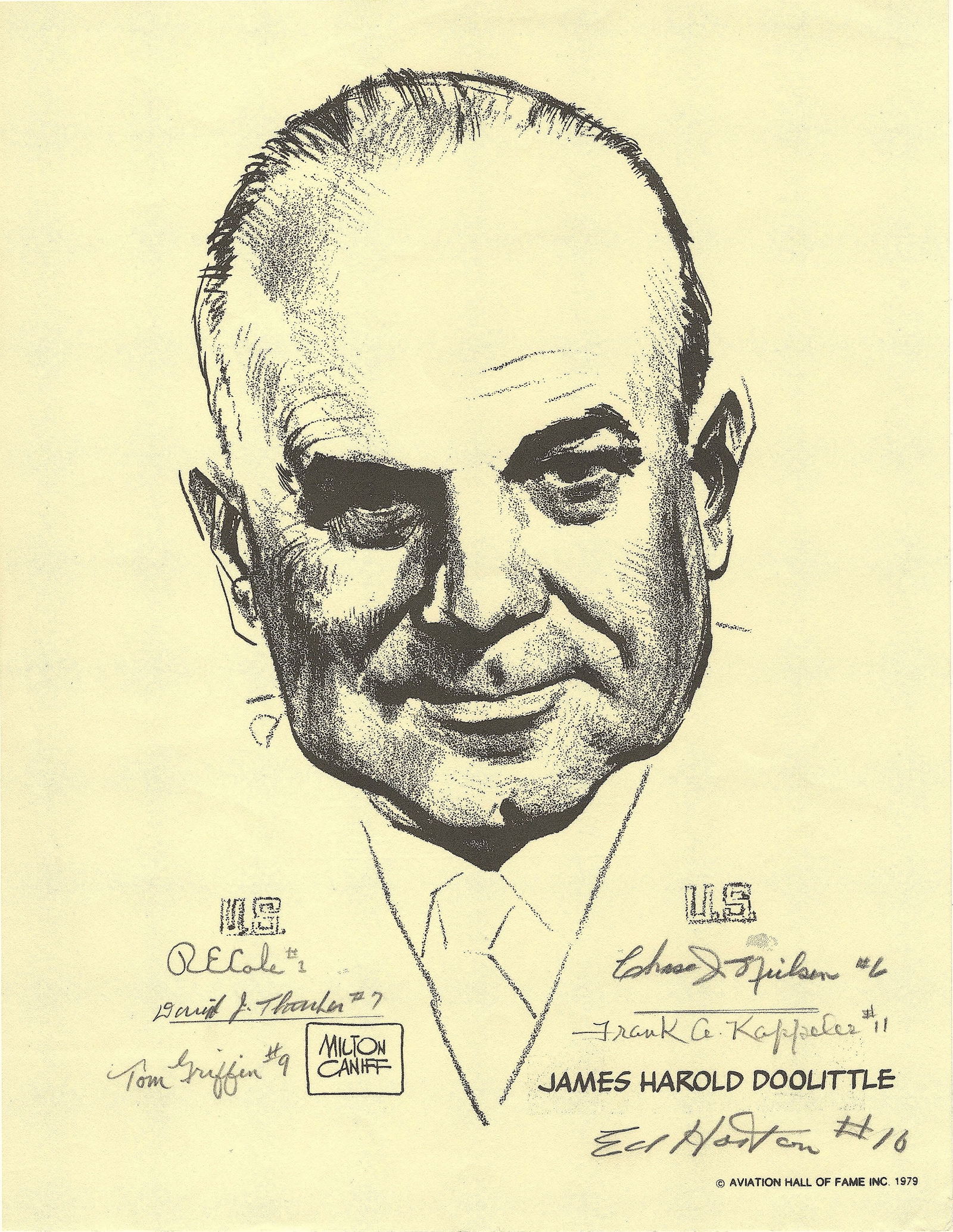 DOOLITTLE RAIDERS: An 8.5 x 11 in. print of Milton Caniff’s portrait of James H. Doolittle, signed in pencil by six Raiders: RICHARD E. COLE, DAVID J. THATCHER, THOMAS GRIFFIN, CHASE J. NIELSON, FRANK A. KAPPELER