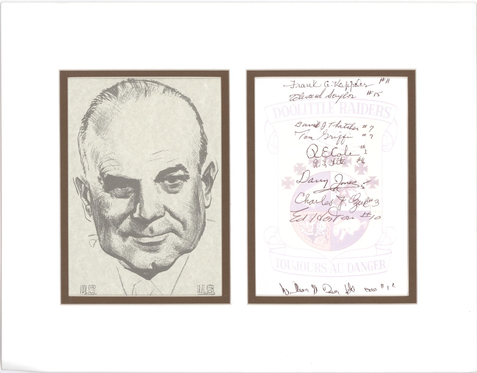 DOOLITTLE RAIDERS: A 5.5 x 8 in. bookplate signed by 10 raiders: FRANK A. KAPPELER, EDWARD SAYLOR, DAVID J. THATCHER, TOM GRIFFIN, RICHARD E. COLE, ROBERT L. HITE, DAVY JONES, CHARLES J. OZUK, ED HORTON and WILLIAM M.