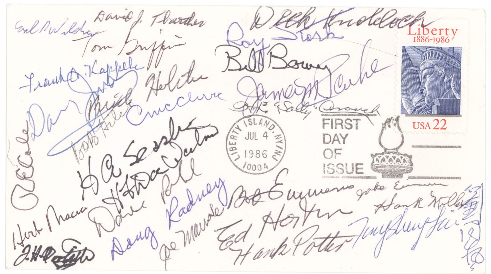 DOOLITTLE RAIDERS (2): Good pair of lots, includes a July 4, 1986 first day 'Liberty' postal cover signed by 22 raiders including JIMMY DOOLITTLE, also honorary 'Raider' TOM LIEU', all of whom have signed the face of the