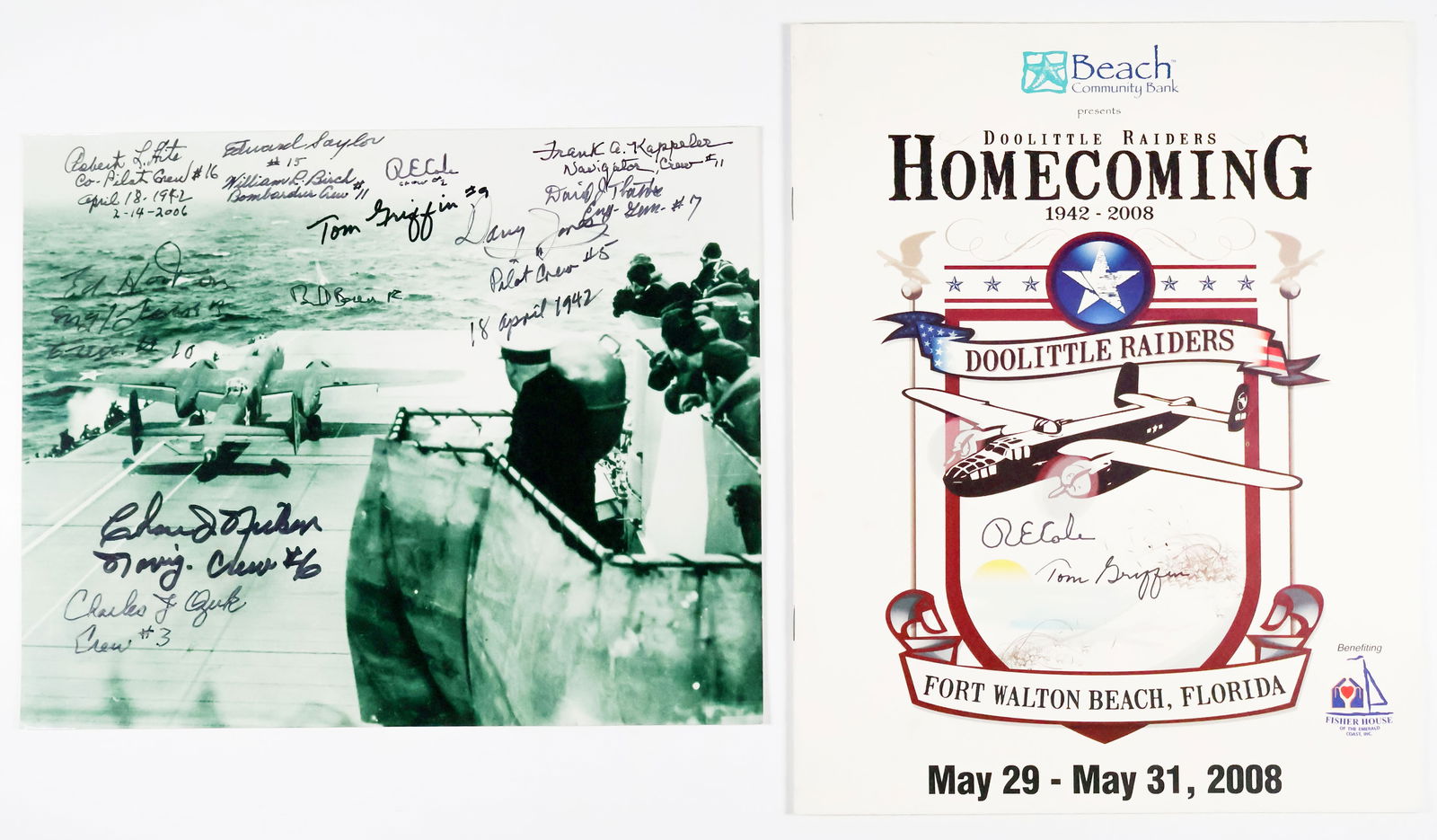 ‘DOOLITTLE RAIDERS’: A fine S.P., 10 x 8 in. b/w, of the B-25’s taking off for Japan on the USS Hornet with 12 signatures. Includes: ROBERT L. HITE, EDWIN HORTON, EDWARD SAYLOR, CHARLES J. OZUK, DEAN E. HALLMARK,