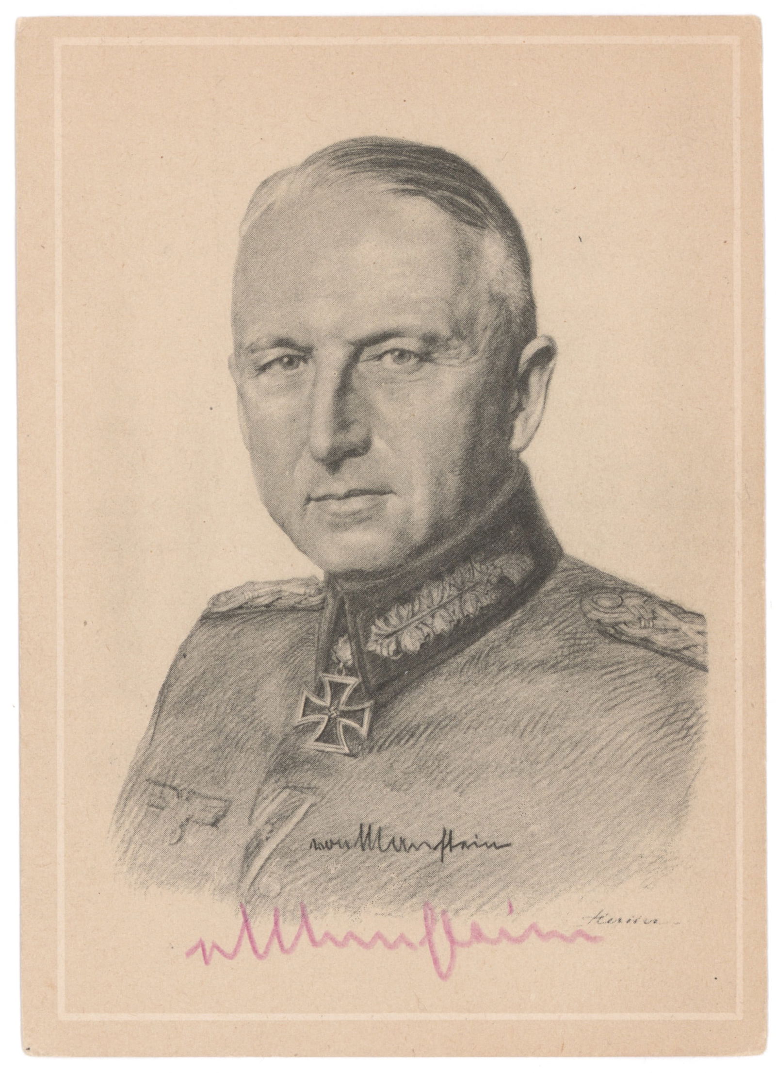 ERICH VON MANSTEIN: (1887-1973) German field marshal who devised the plan to conquer France, held various commands on the Russian front, sacked by Hitler for a retreat. Fine vintage S.P. 5 x 5.75 in. b/w, a printed postc