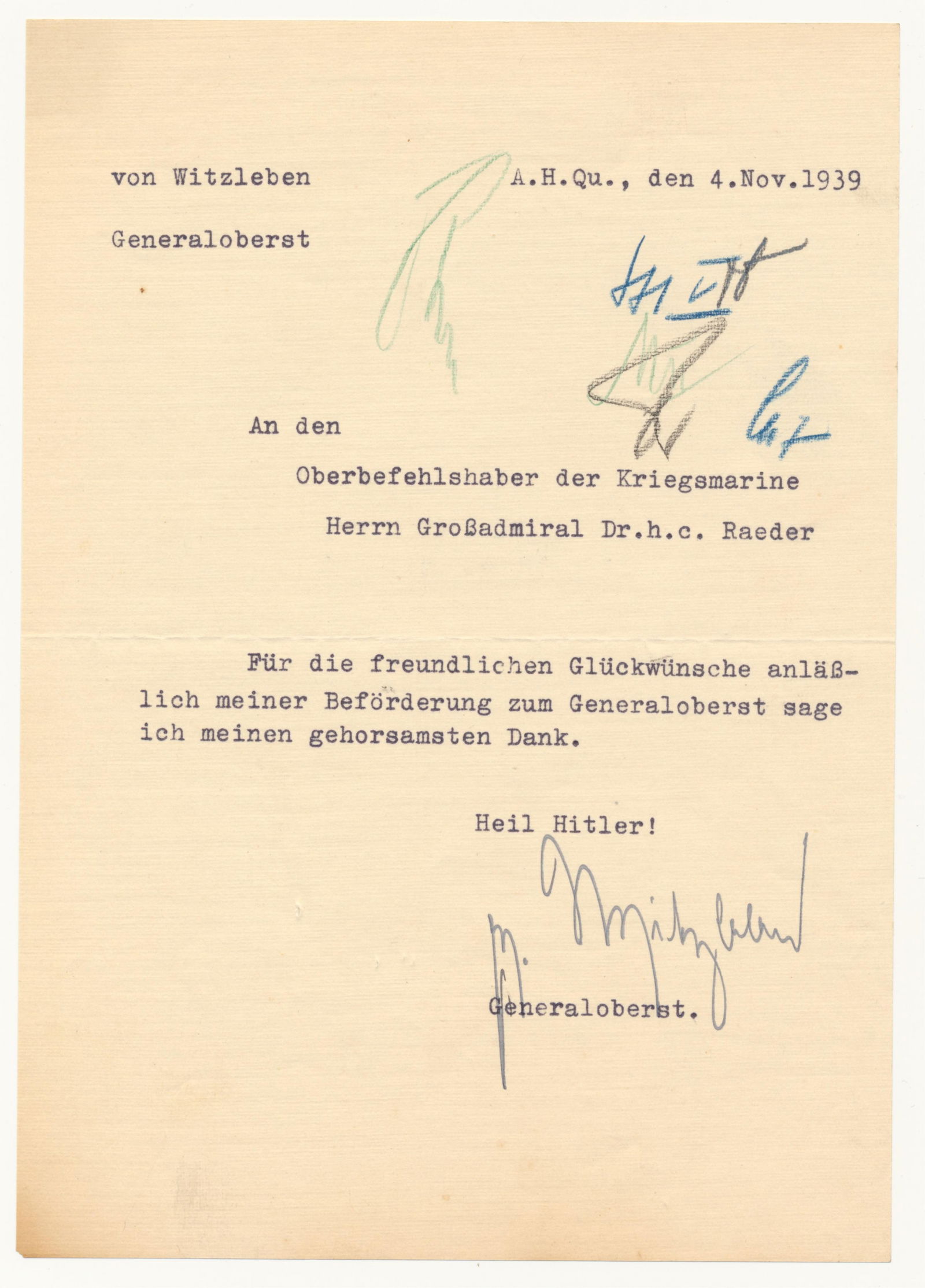 ERWIN VON WITZLEBEN: (1881-1944) German general whose forces broke the Maginot Line forcing the surrender of three French divisions. A major plotter in the July 20, 1944 bomb attempt on Hitler's life, von Witzleben was to