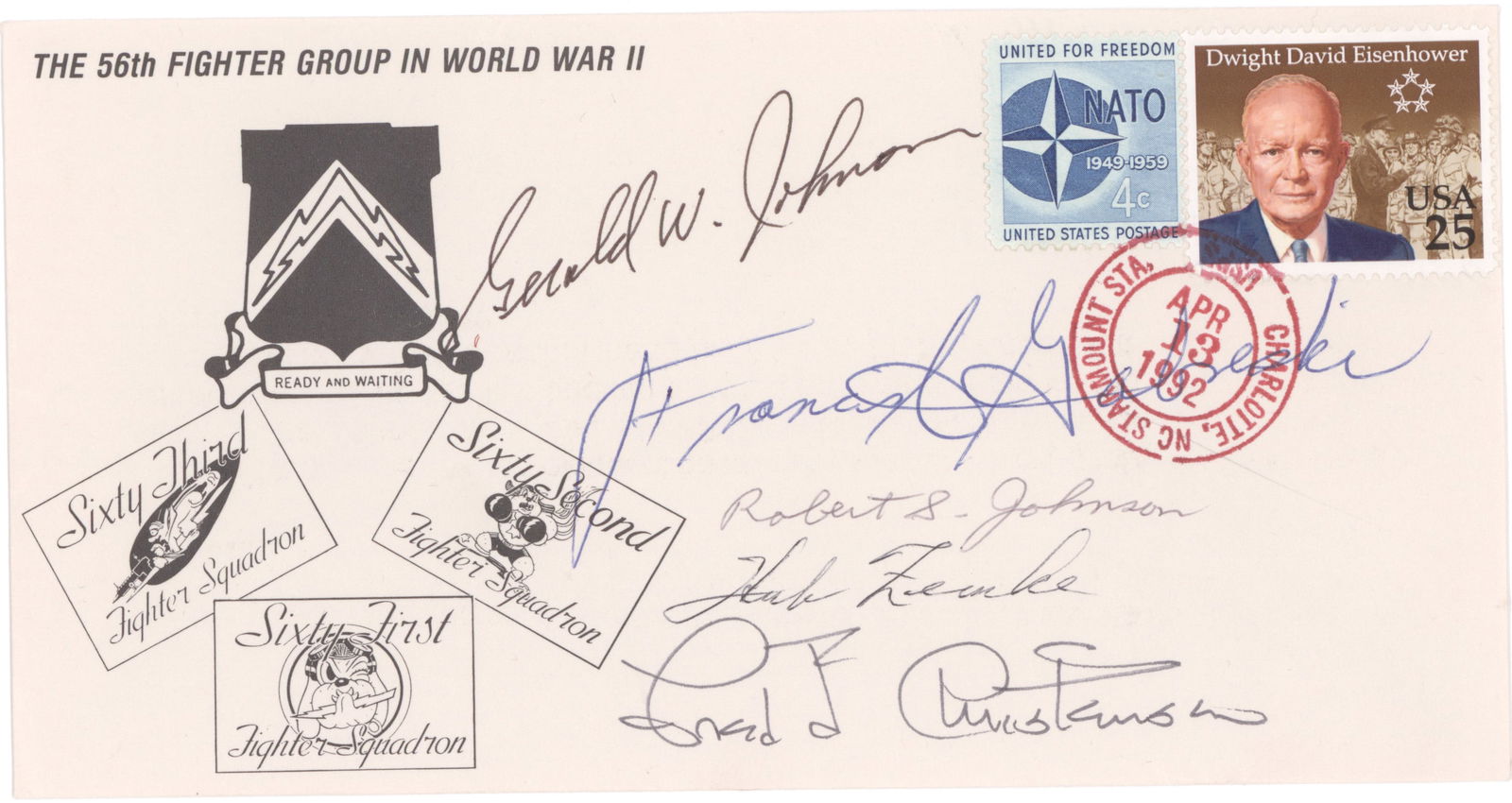 56TH FIGHTER GROUP ACES GROUPING: Lot of two items, includes a 1992 postal cover honoring the 56th Fighter Group, known as 'the Wolfpack' which had more ace pilots than any other Eighth Air Force fighter group. The 56th Fighter Group