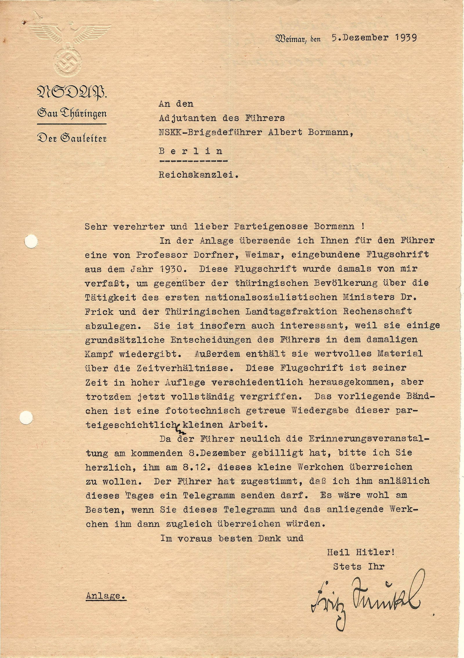 FRITZ SAUCKEL: (1894 - 1946) Nazi chief of slave labor recruitment who seized over five million workers and kept them under the vilest conditions. Tried, convicted and hanged at Nuremburg. T.L.S. on his official let
