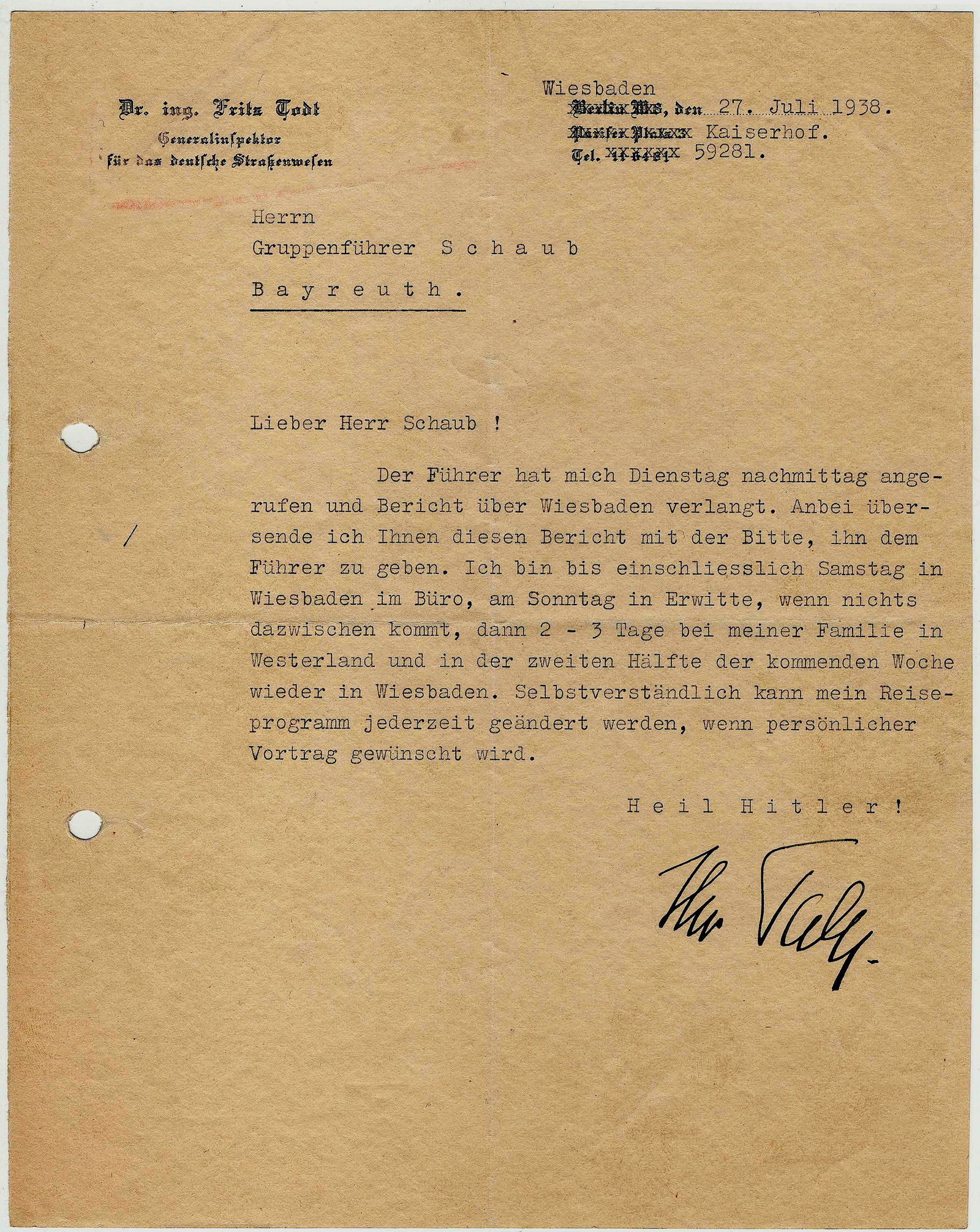 FRITZ TODT: (1891 - 1942) Reich Minister for Armaments and Ammunition, and the founder of Organisation Todt, died in a plane crash. T.L.S. on official Inspector General for German Roadways letterhead, 1p. 4to., W