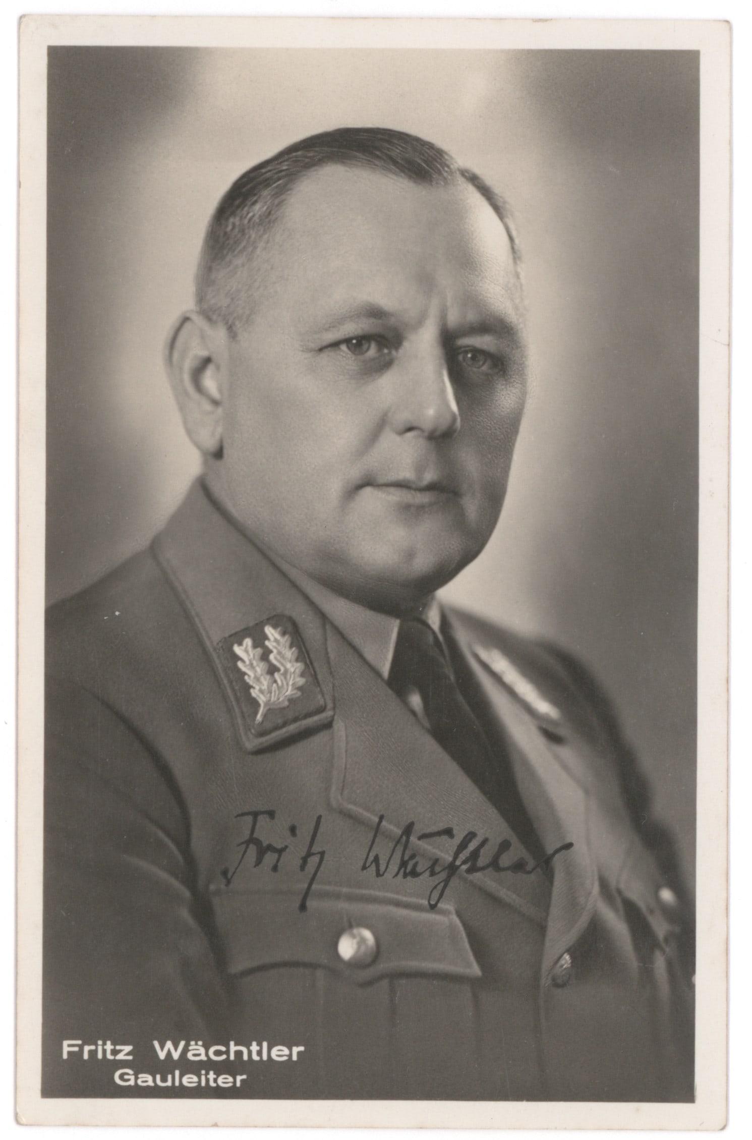 FRITZ WACHTLER: (1891 - 1945) Gauleiter of Bayreuth, he also became head of the National Socialist Teachers League. A drunkard who ran afoul of Bormann, he was ordered shot in April,1945. Scarce S.P., 3.5 x 5.5 in. b