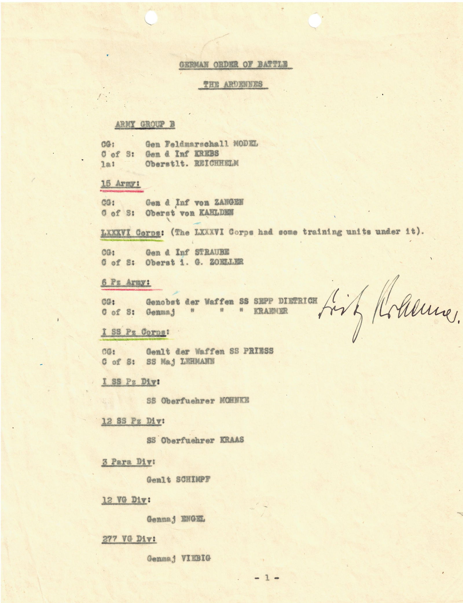 GERMAN ORDER OF BATTLE IN BATTLE OF THE BULGE, SIGNED BY GERMAN GENERALS: Typed period original listing of the 'German Order of Battle The Ardennes', otherwise known as the Battle of the Bulge, 4pp. 4to., [n.p., n.d., ca. 1940s], each page marked 'ORIGINAL' at top in green