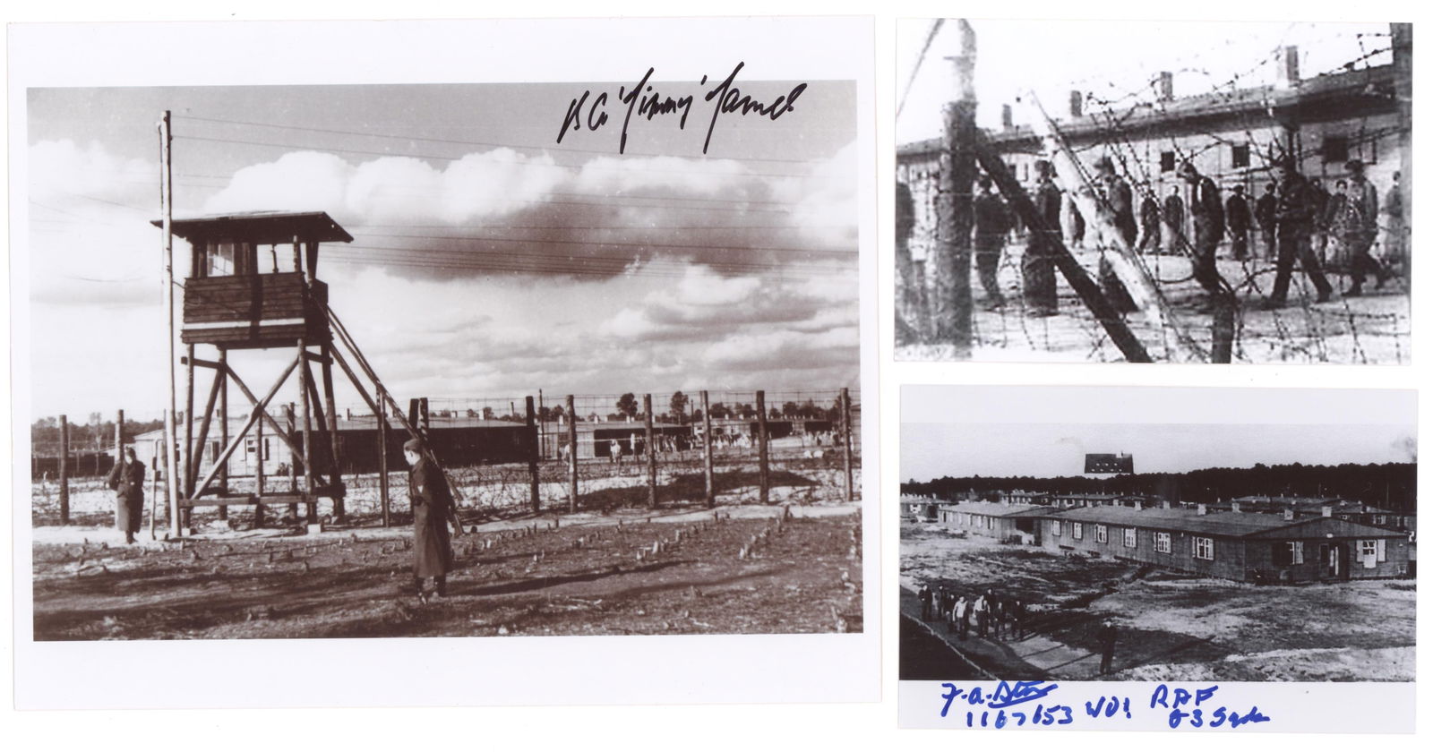 'THE GREAT ESCAPE' SIGNED GROUPING: Good lot of 13 items signed by various prisoners held at Stalag Luft III, a great variety of material including items signed by JIMMY JAMES, F. STONE, P. ROYLE, L. RODRICK, K. REES, R. CLEAVER, F.