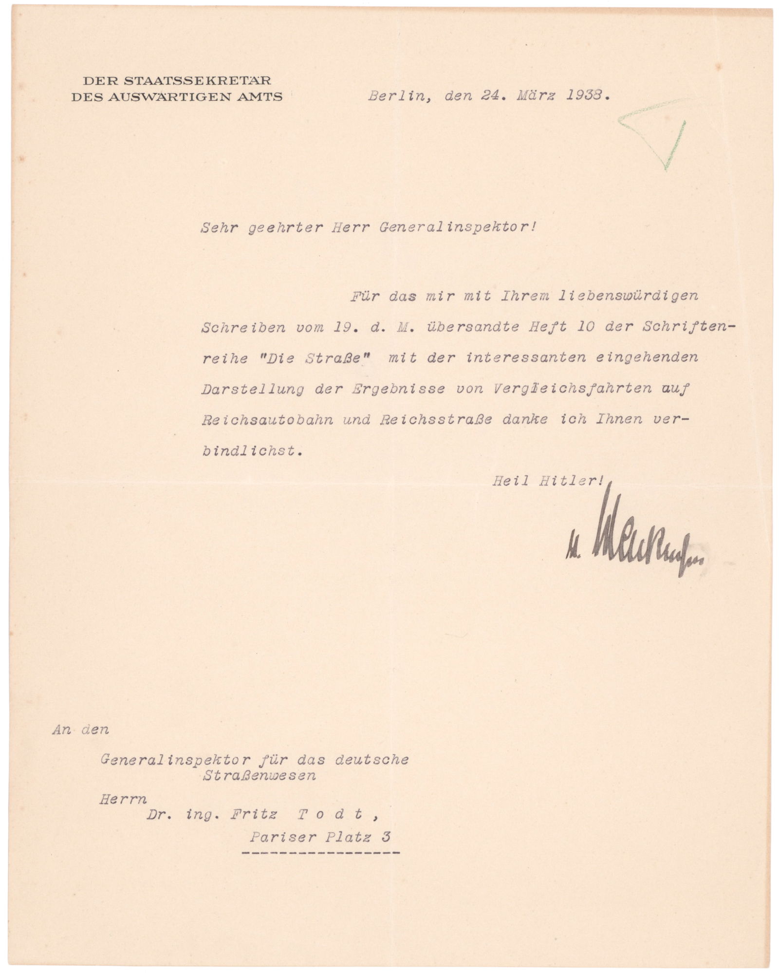 HANS GEORG VON MACKENSEN: (1883 - 1947) SS-Gruppenfuhrer and German diplomat who served at different stages as 'Secretary of State' at the Foreign Ministry and German ambassador in Rome. Son of August von Mackensen. Good assoc