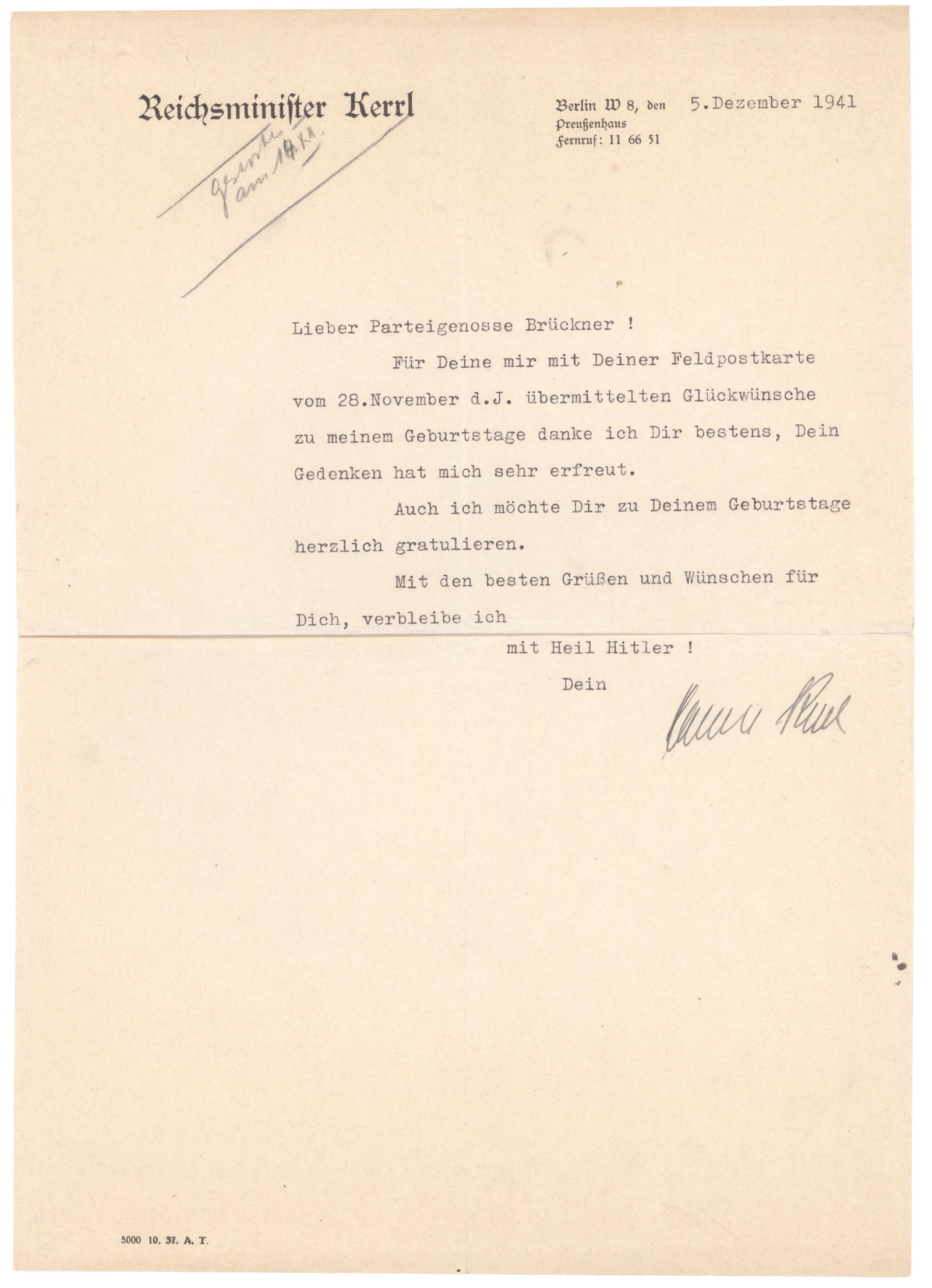HANS KERRL: (1887 - 1941) Reichsminister of Church Affairs, and Minister of Justice in Prussia who forbade Jewish lawyers from practicing and declared Adolf Hitler to be the 'Holy Ghost'. Very late T.L.S. on his
