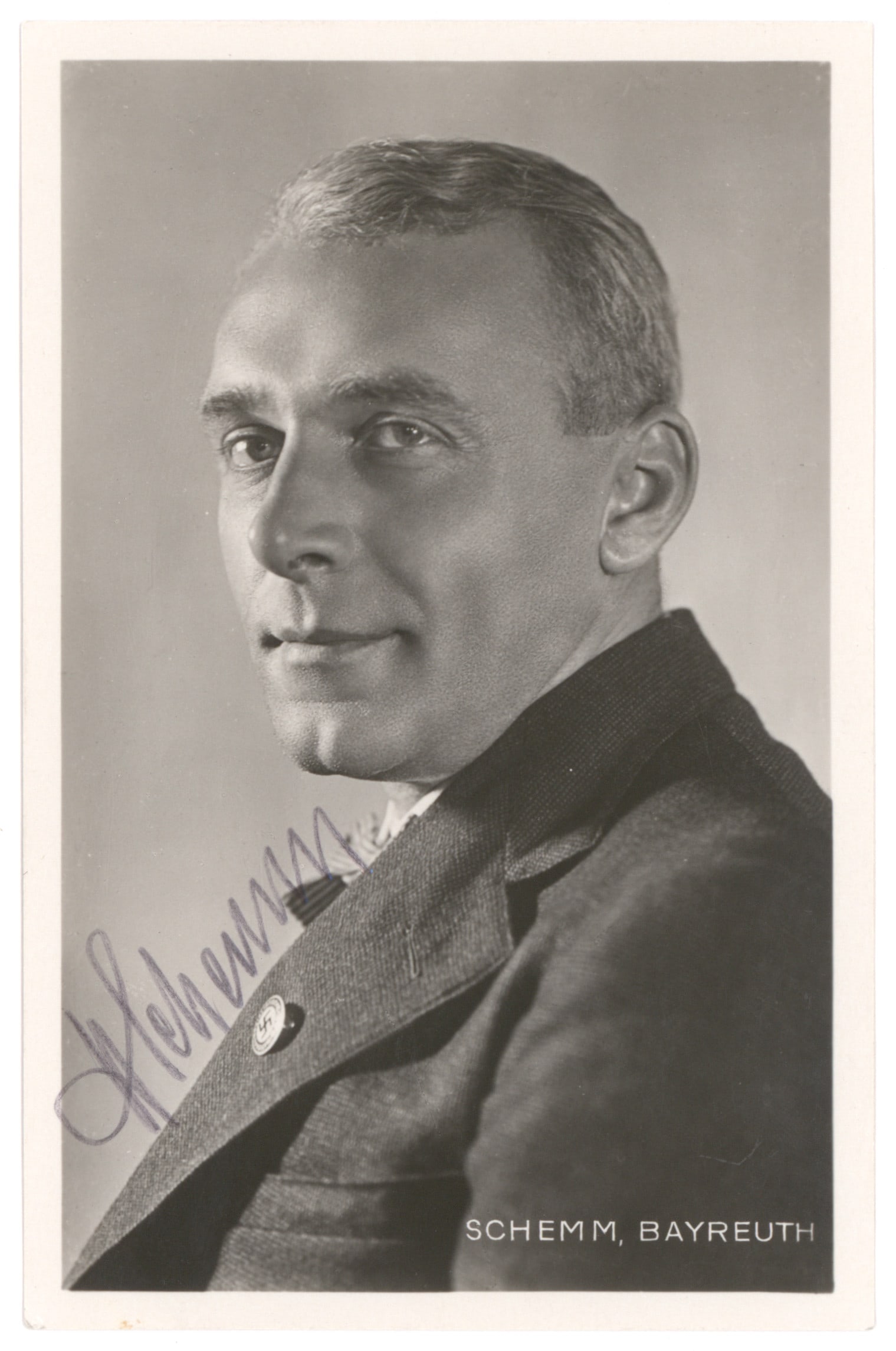 HANS SCHEMM: (1891 - 1935) Gauleiter of the Bayerische Ostmark and an SA Gruppenfuhrer. Mortally injured in an airplane crash. S.P., 3.5 x 5.5 in. b/w, a fine Hoffmann portrait boldly signed in pencil at left.
