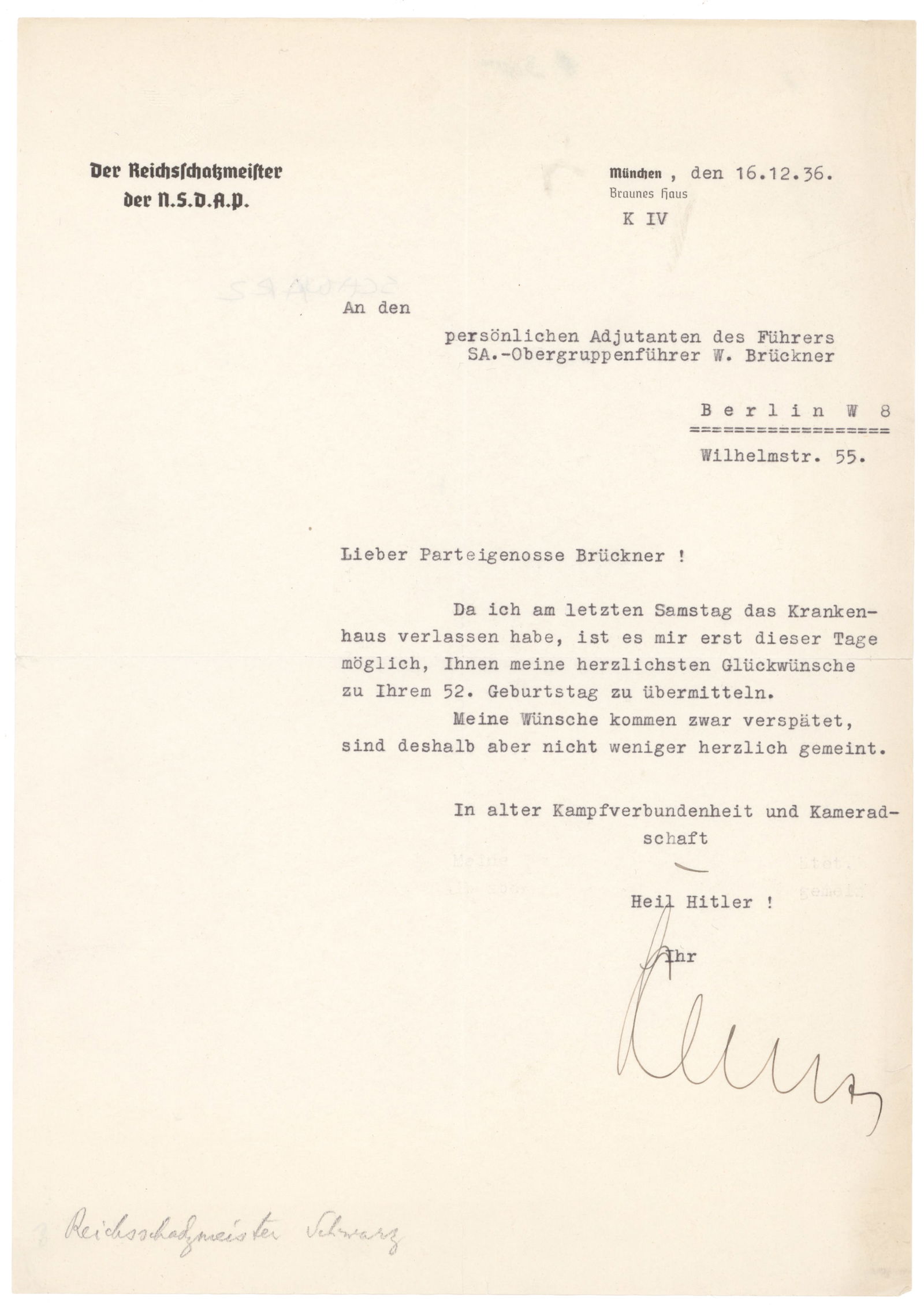 HANS-XAVIER SCHWARZ: (1875 - 1947) National Treasurer of the Nazi Party from 1925 to 1945, convicted as a major offender and died in prison. Fine association T.L.S. on his official letterhead, 1p. 4to., Munich, Dec. 16, 1