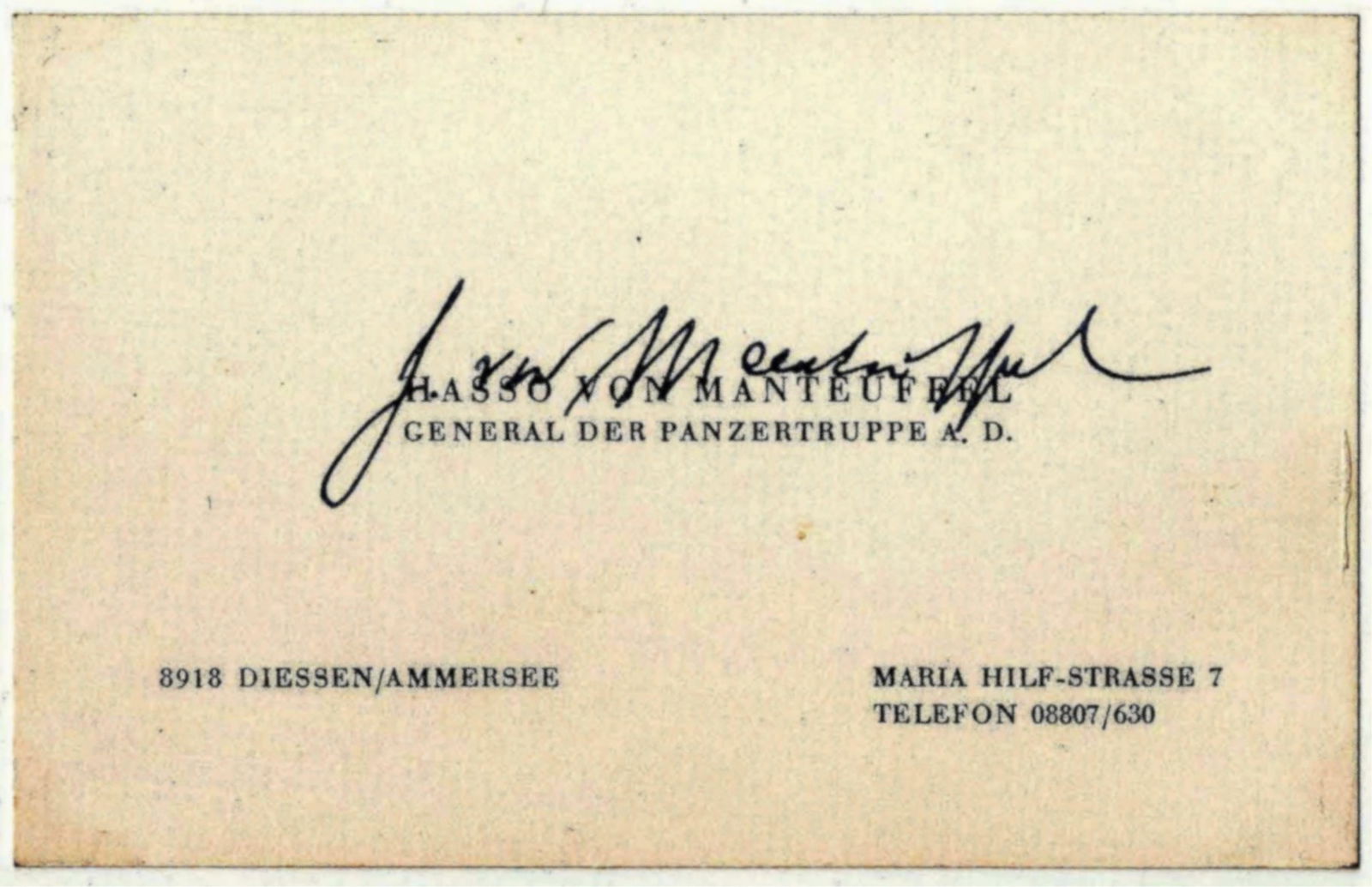 HASSO VON MANTEUFFEL: (1897-1978) Commander of the 5th Panzer Army which spearheaded the ill-fated Ardennes offensive of January 1945. After vainly requesting more help from a vacillating Hitler, he spoke despairingly of