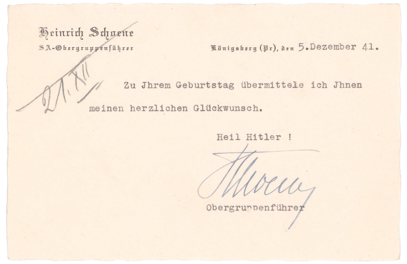 HEINRICH SCHOENE: (1889-1945) SA-Obergruppenfuhrer and General Commissioner of the Volyn District in German-occupied Ukraine, in which capacity he liquidated the District's Jewish population. T.N.S. on his letterhead,