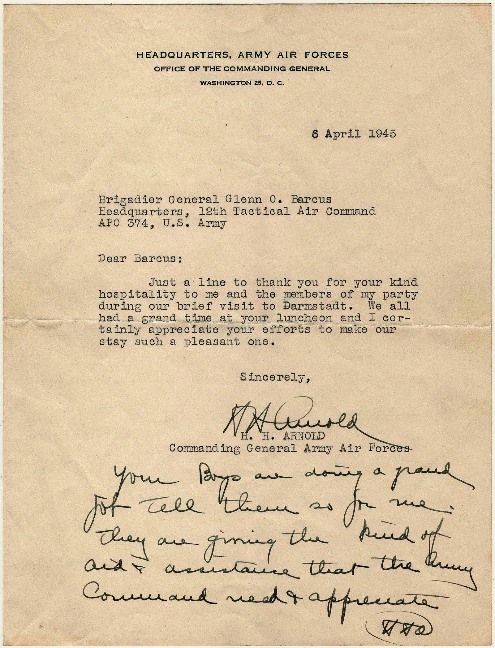 HENRY 'HAP' ARNOLD: (1886 - 1950) American general, commander of the Army Air Force through most of World War II, responsible for instituting the daylight bombing raids on Germany. War-date T.L.S. with initialed