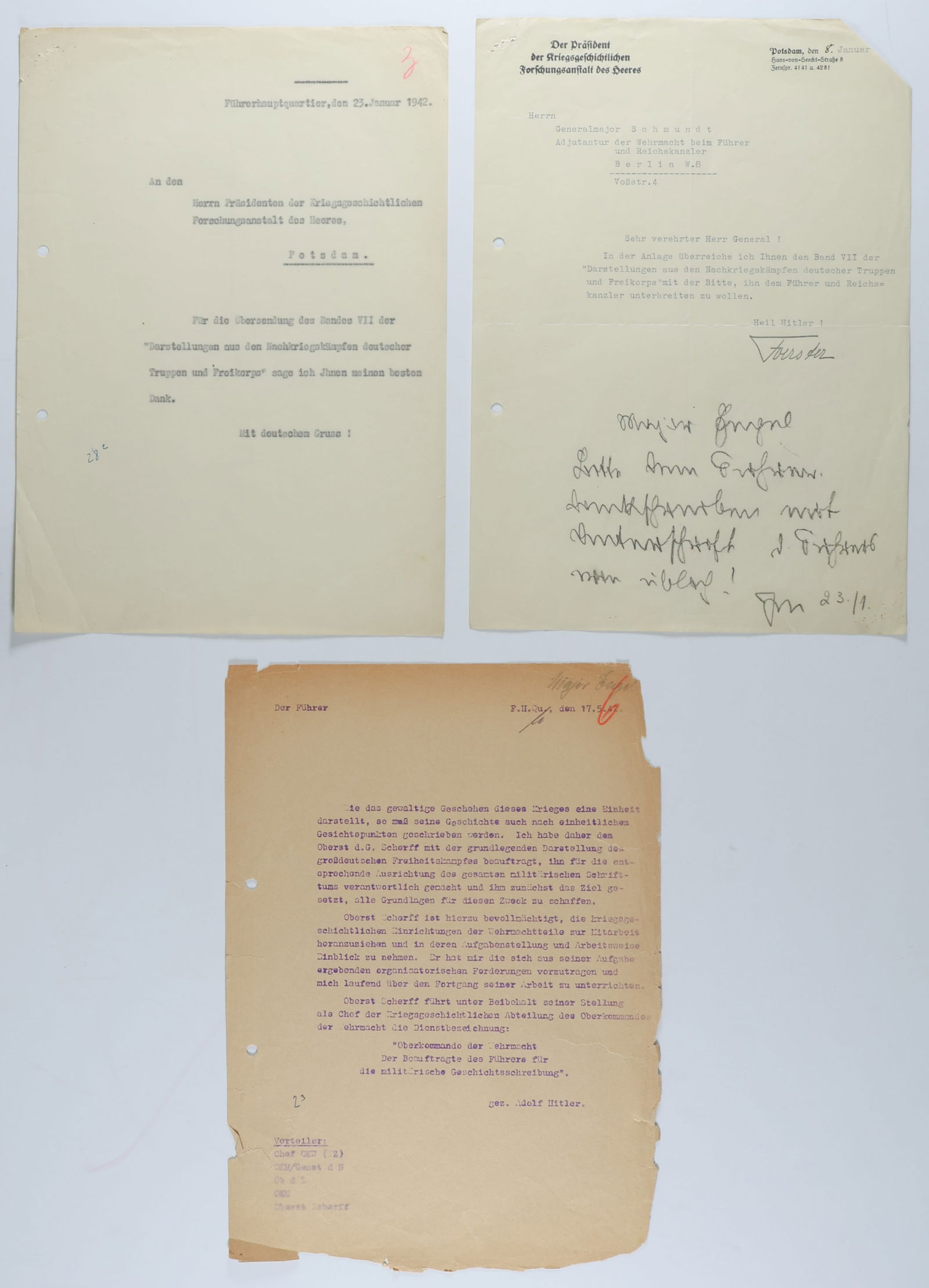 HITLER ORDERS THE WRITING OF THE HISTORY OF THE THIRD REICH: Historic lot of three documents outlining Hitler’s plan for recording Germany’s successes at the height of World War II, obviously with the intention of leaving it for posterity once his p