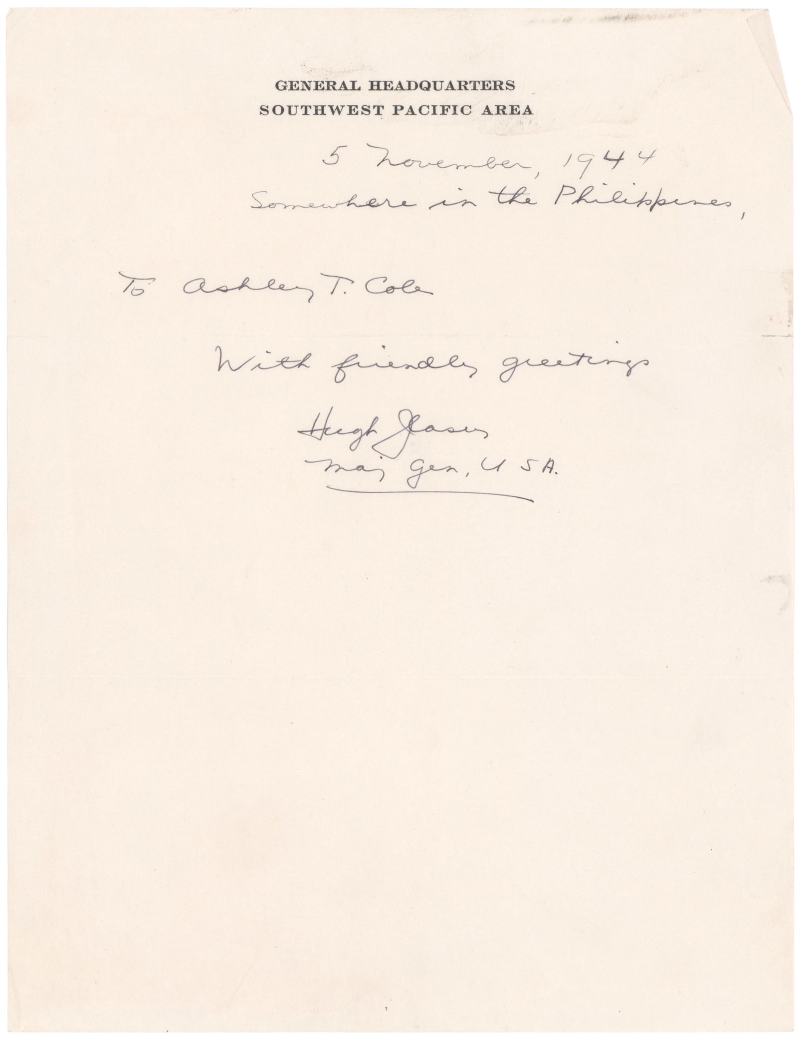 HUGH J. CASEY: (1898 - 1981) American major general, served as MacArthur's chief engineer during the Battle of Bataan, in New Guinea and the Philippines, and during the occupation of Japan. In the Battle of Leyte,
