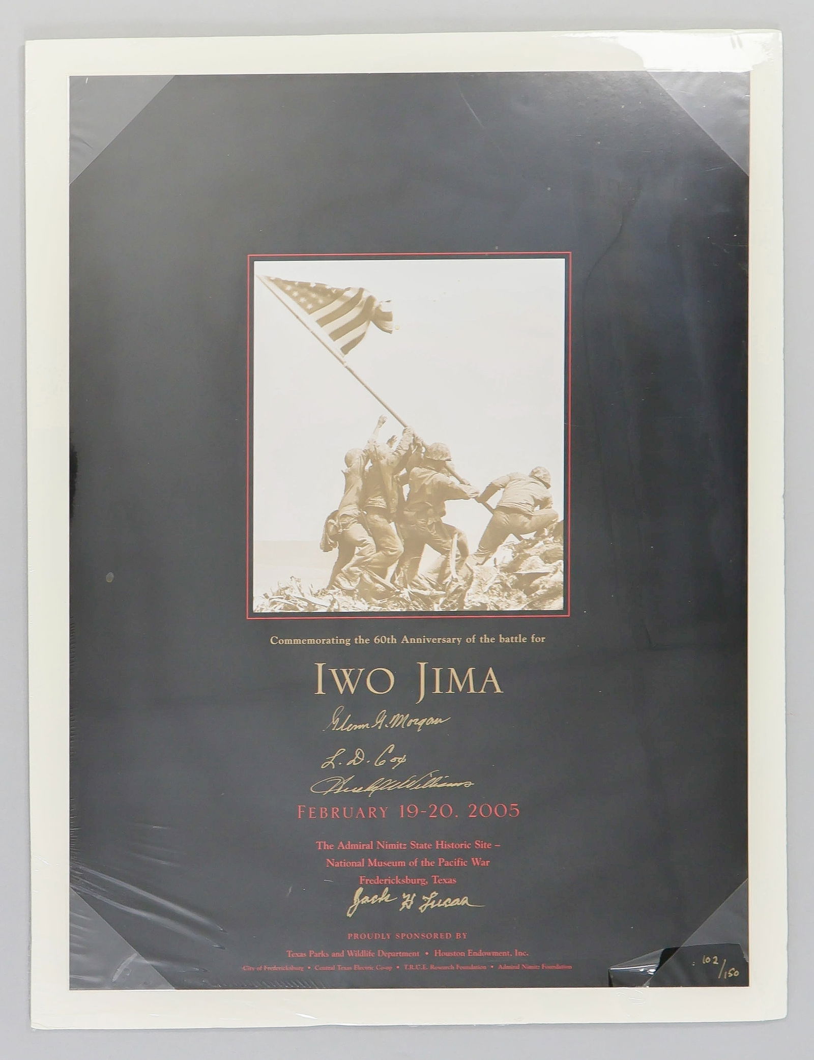 (IWO JIMA): A limited edition poster, 24 x 18 in., created for an exhibit commemorating the 60th anniversary of the raising of the U.S. flag on the summit of Mt. Suribachi during the battle of Iwo Jima.