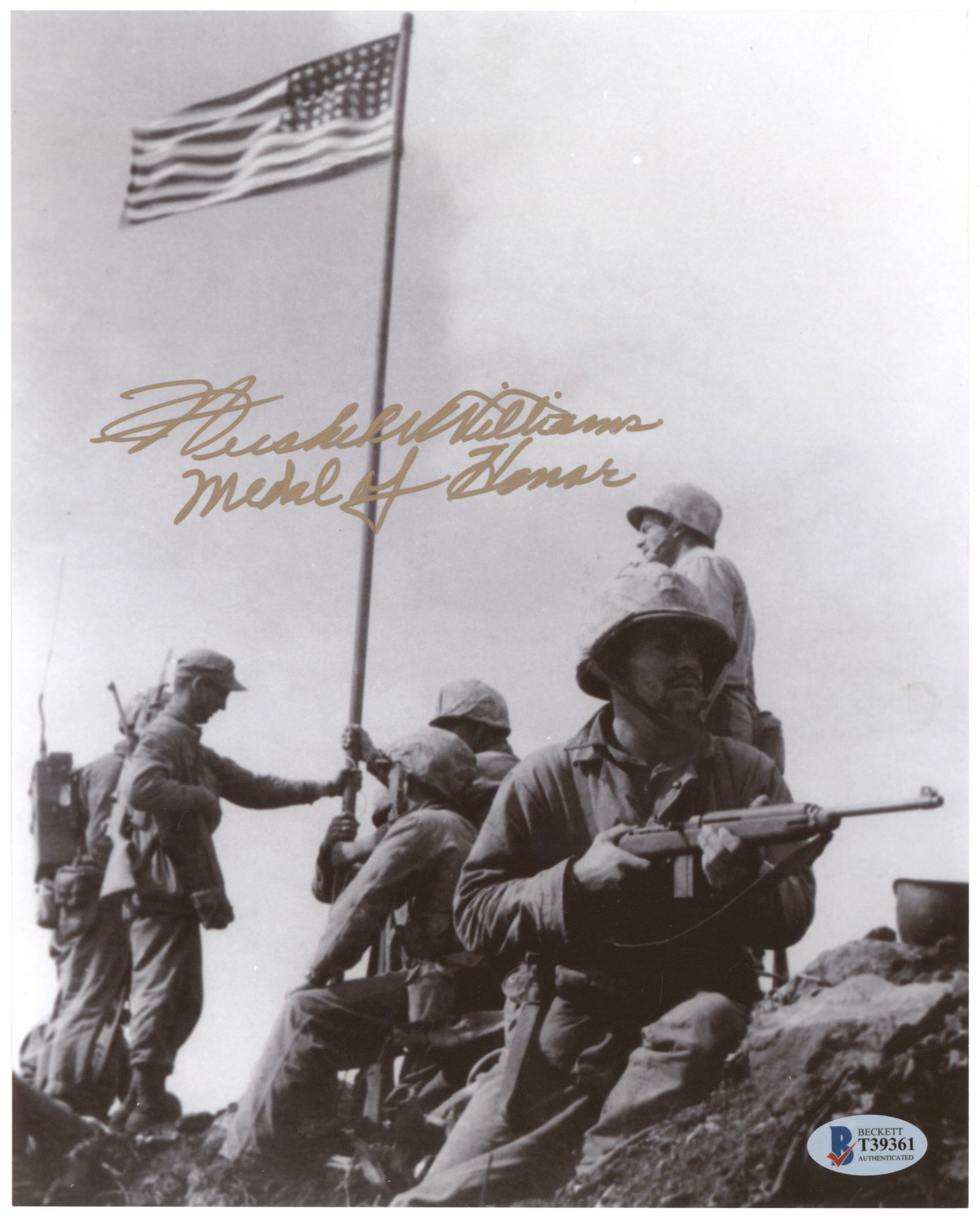 (IWO JIMA): HERSHEL WILLIAMS (1923-2022) Medal of Honor recipient for his actions at the Battle of Iwo Jima during World War II. S.P. 8 x 10 in. b/w, an image of Williams and his fellow Marines atop Mount