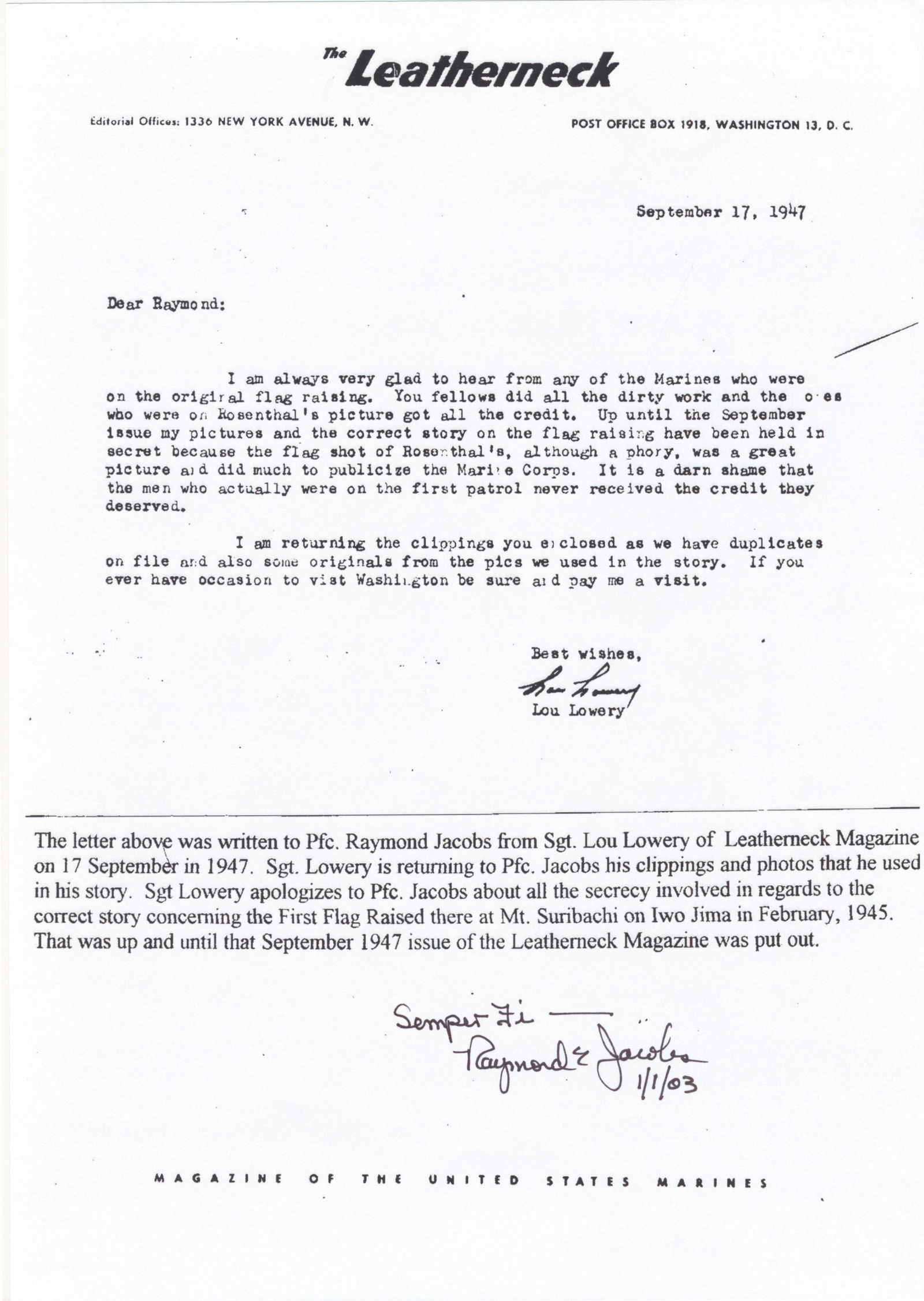 (IWO JIMA) RAYMOND E. JACOBS: (1926-2008) U.S. Marine who was part of the combat patrol that climbed Mount Suribachi and raised the first of two U.S. flags on the summit during the battle of Iwo Jima. Printed D.S. 1p. 4to.,