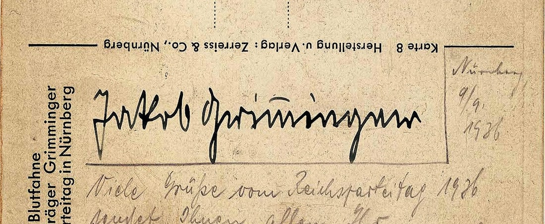JAKOB GRIMMINGER: (1892 - 1969) SS officer famous for carrying the Blutfahne, the blood-stained flag from the "Beer Hall Putsch" in which Grimminger had also participated. Tried in 1946, all of his property was