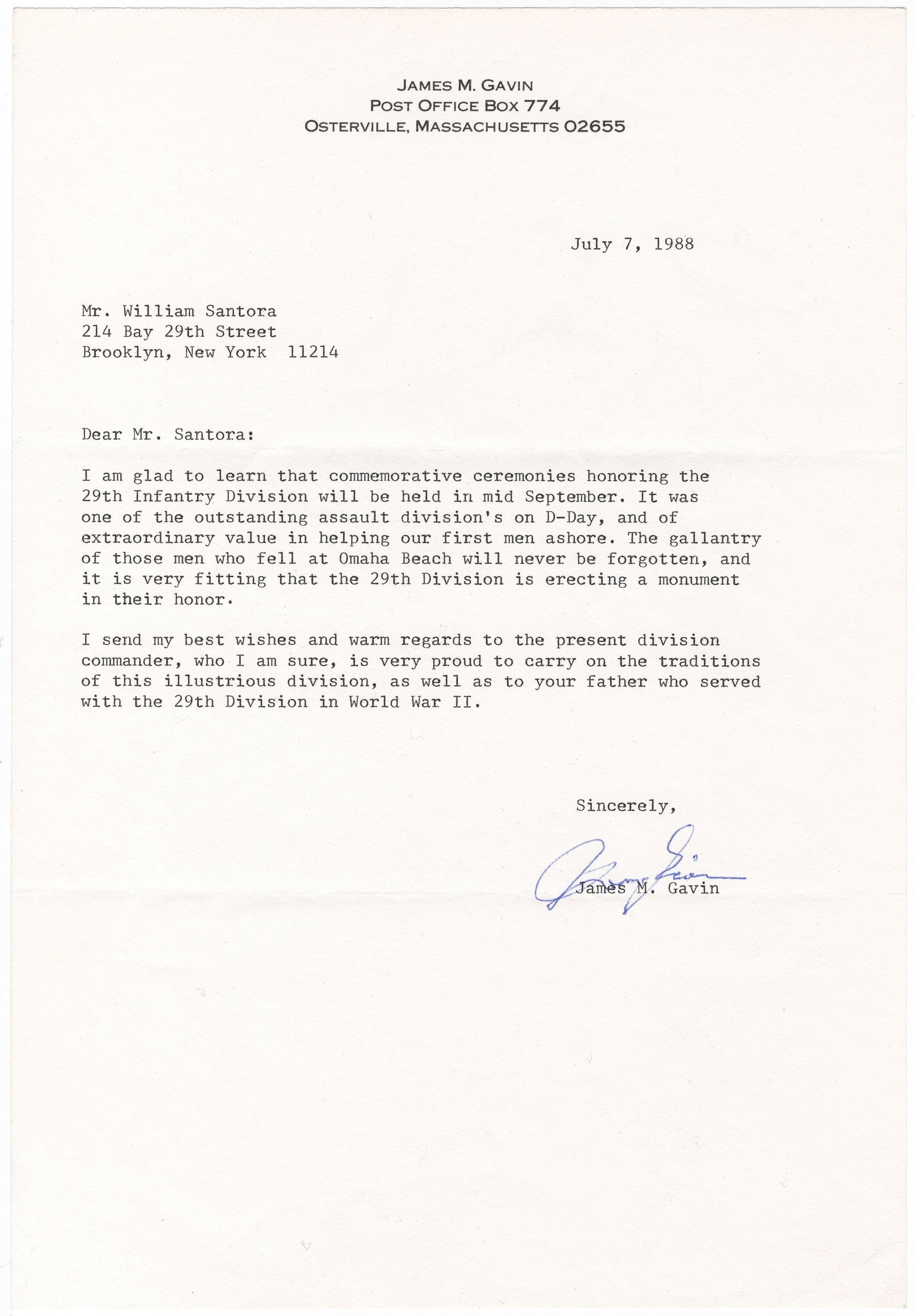 JAMES M. GAVIN: (1907-1990) 'Jumpin Jim', a senior U.S. Army Officer and third Commanding General of the 82nd Airborne Division during World War II. T.L.S. on personal letterhead, 1p. 4to., Osterville, MA, July 7,