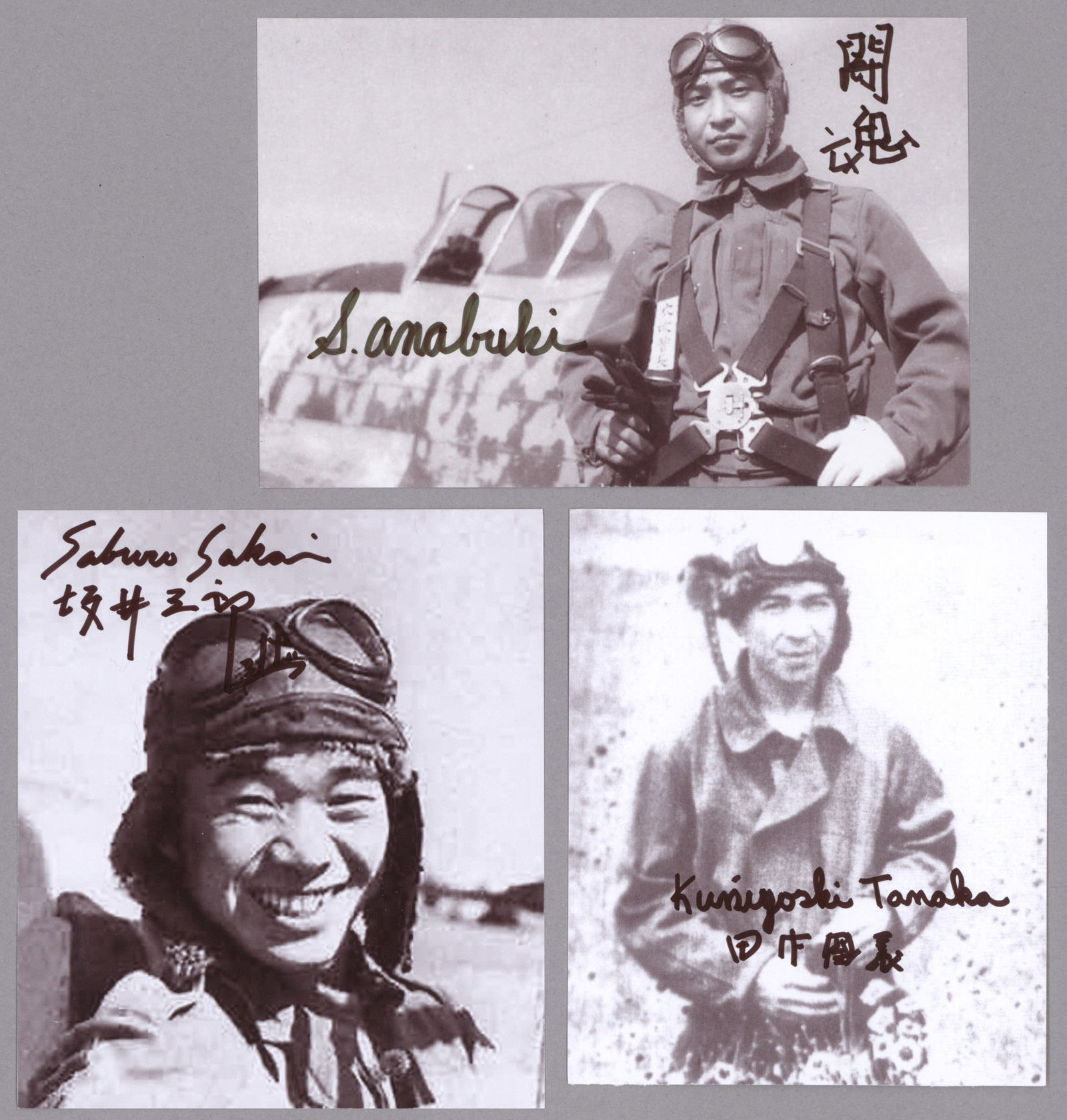 JAPANESE ACES: A group of 14 S.P.s of World War II Japanese aces, each a reprint of a vintage image and ranging in size from 3.25 x 3 in. to 4.5 x 7 in, individually signed. Includes: KUNIYOSHI TANAKA, SABURO