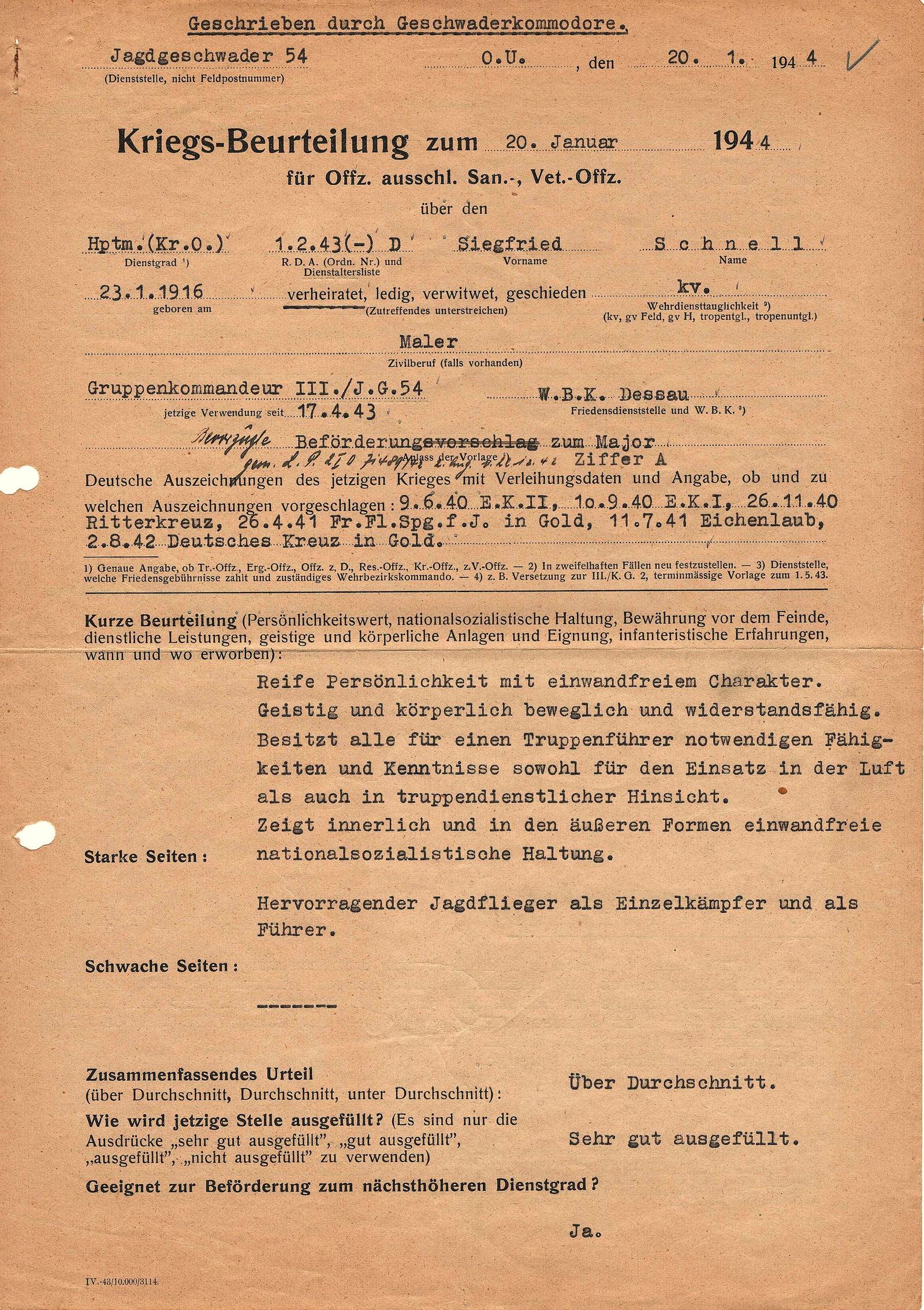 JG-54 PROMOTION DOCUMENT SIGNED BY TWO KNIGHTS CROSS RECIPIENTS FOR A THIRD (1 of 2)