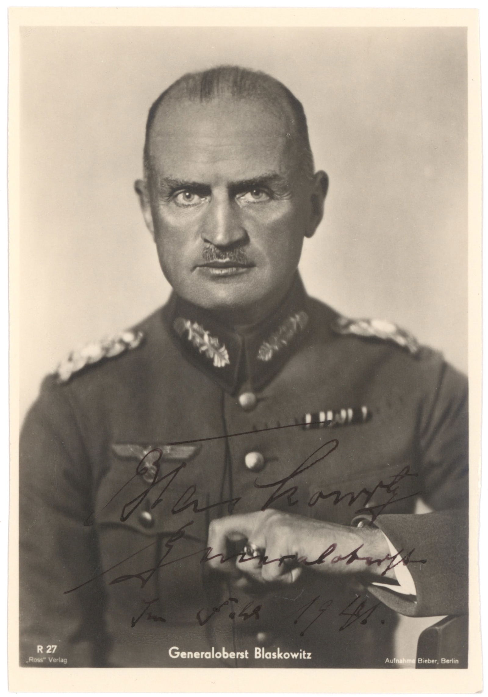 JOHANNES BLASKOWITZ: (1883 - 1948) Senior Wehrmacht general, commander of Polish occupation forces who opposed the excesses of the SS against the Jews. Fine war-date S.P., 4 x 6 in. b/w, a portrait of the general bearing