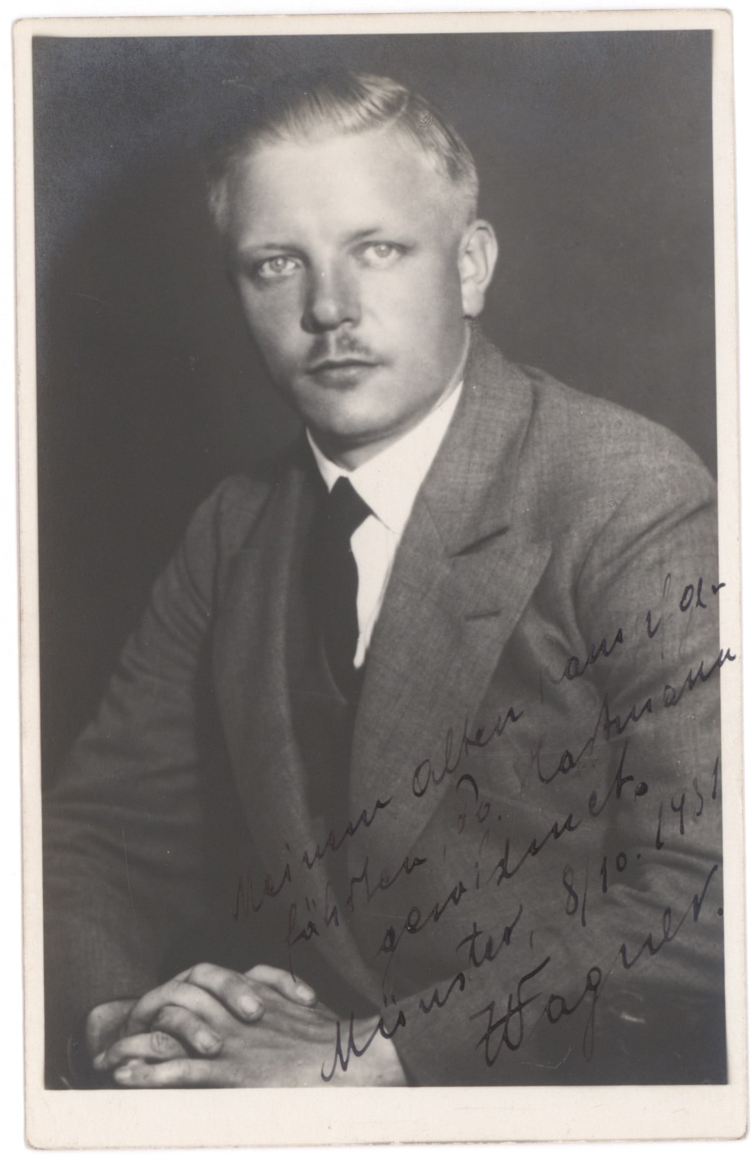 JOSEF WAGNER: (1899 – 1945) Gauleiter of Lower Silesia who participated in the plot against Hitler, executed by the Gestapo. Fine and rare S.P., 3.75 x 5.75 in. b/w, a fine seated pose inscribed, dated Oct. 8