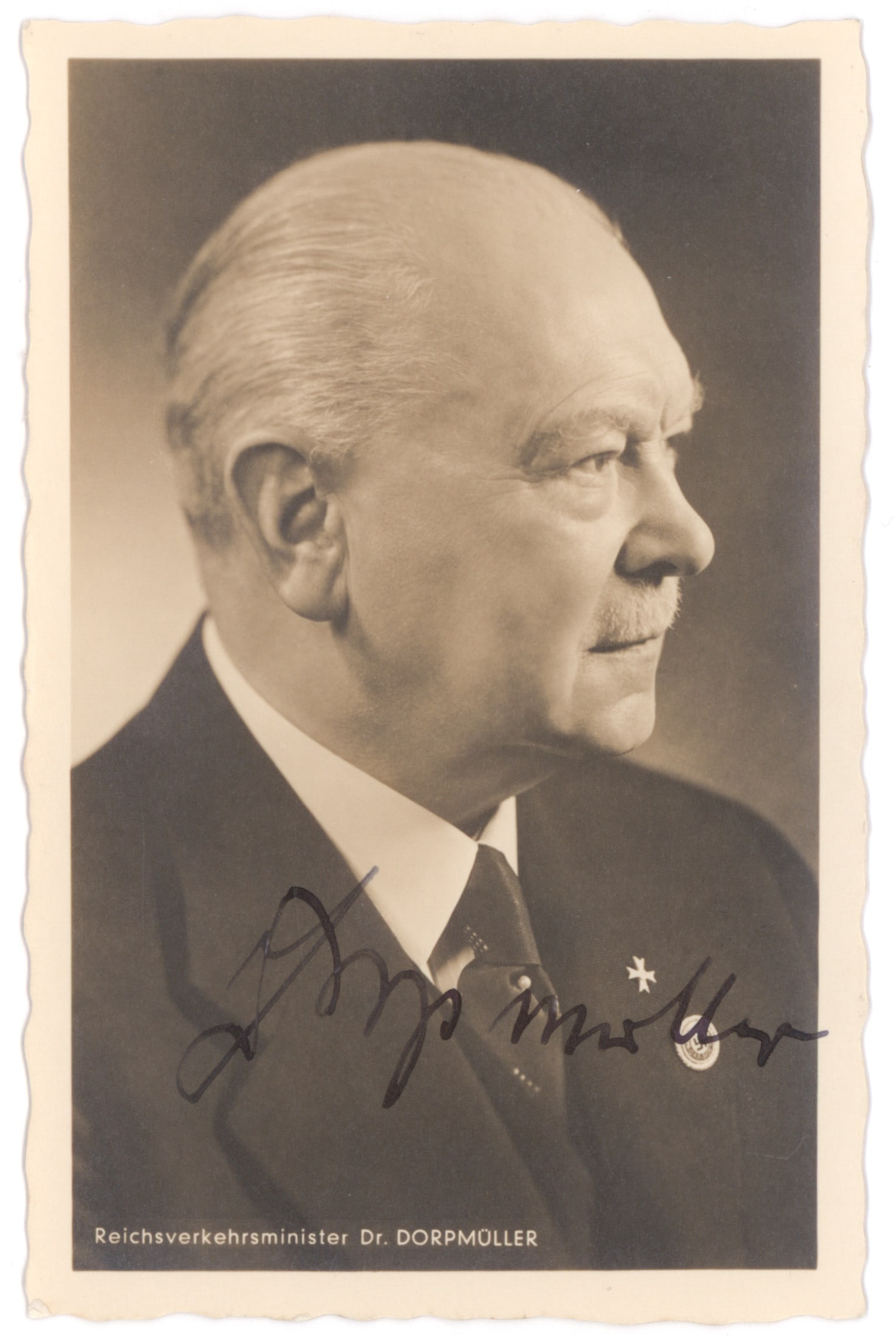 JULIUS DORPMULLER: (1869 – 1945) General manager of Deutsche Reichsbahn from 1926 to 1945 and the Reich Minister for Transport from 1937 to 1945. S.P., 3.5 x 5.5 in. b/w, a Hoffmann profile portrait boldly signed