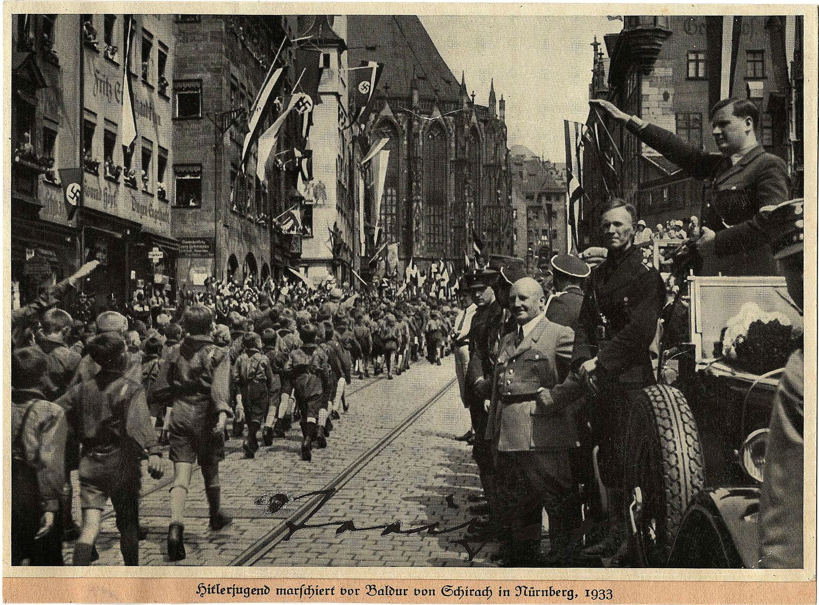 JULIUS STREICHER: (1885 - 1946) Nazi journalist and politician, editor of 'Der Sturmer' and hanged at Nuremburg after declaring the executions to be 'Purimfest'. Black ink signature 'Streicher' at the bottom of a 6.5