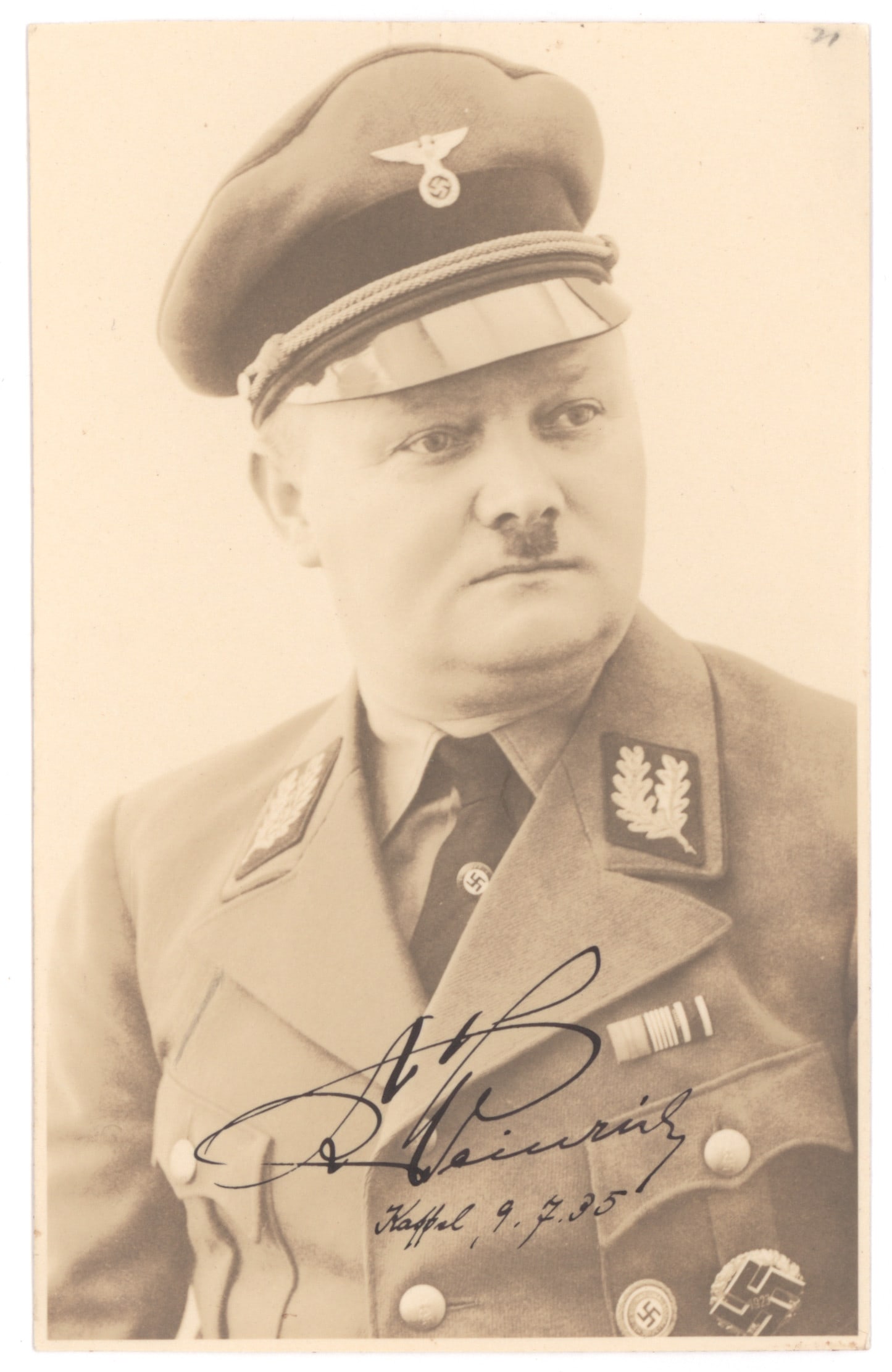 KARL WEINRICH: (1887 - 1973) NSDAP Gauleiter of Kurhessen. Shortly after the devastating bomb attack of 22 October 1943, during which he fled Kassel, he was stripped of his office. Rare S.P., 3.5 x 5.5 in. b/w, a ch