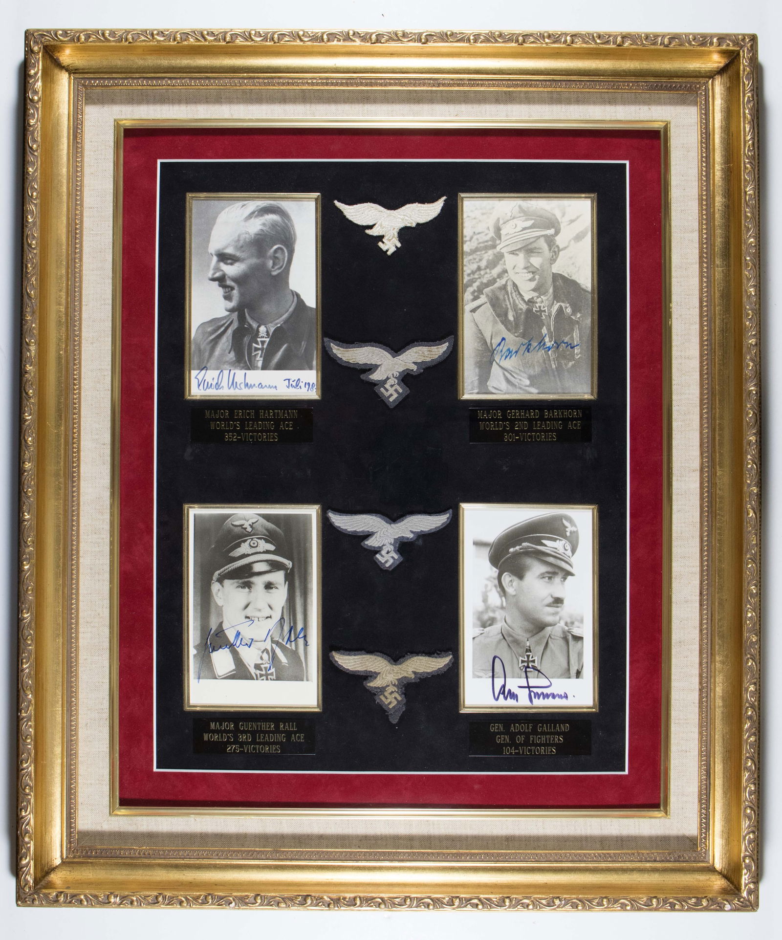 KNIGHT'S CROSS WINNING GERMAN ACES (4): A fine presentation of four signed photos by four German flying aces, all Knight's Cross recipients, including ERICH HARTMANN (1922-1993), GERHARD BARKHORN (1919-1983), ADOLF GALLAND (1912-1996), and